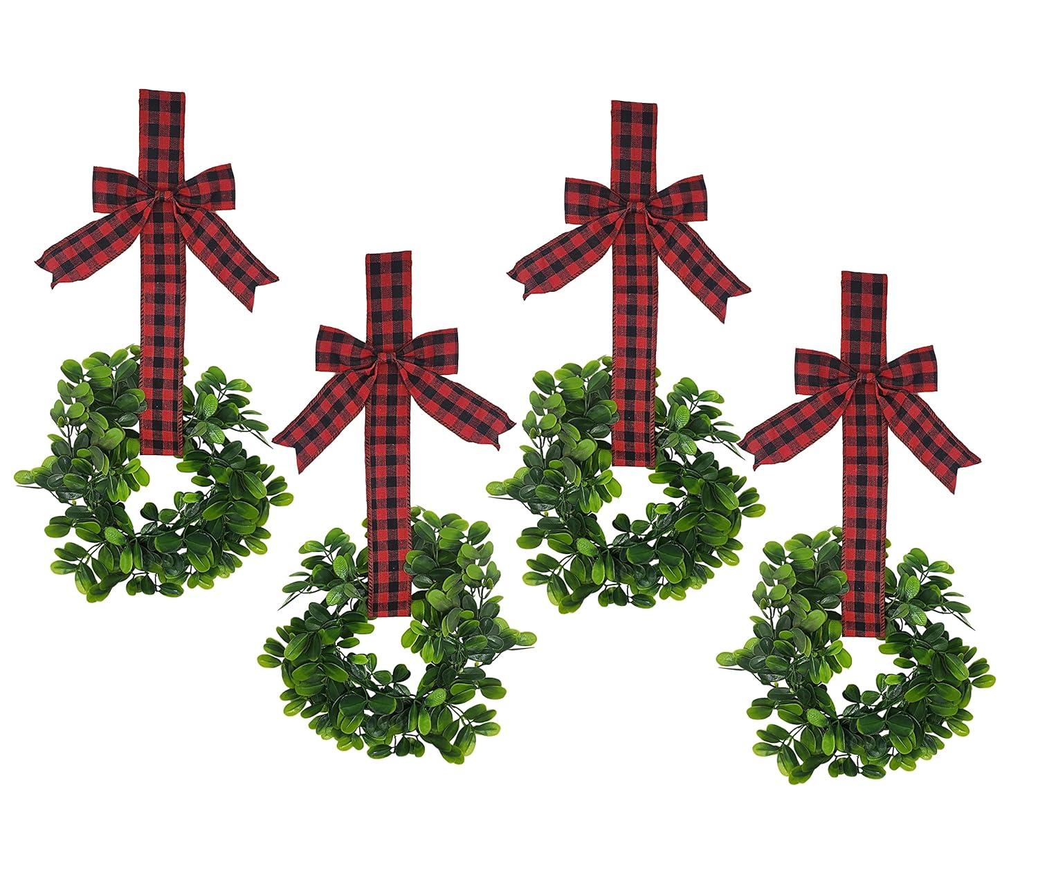 KOVOT Set of 4 Hanging Wreaths with Plaid Ribbon Bow. Christmas Decoration for Cabinets, Behind Chairs, Doors, Railings & Windows - Black & Red