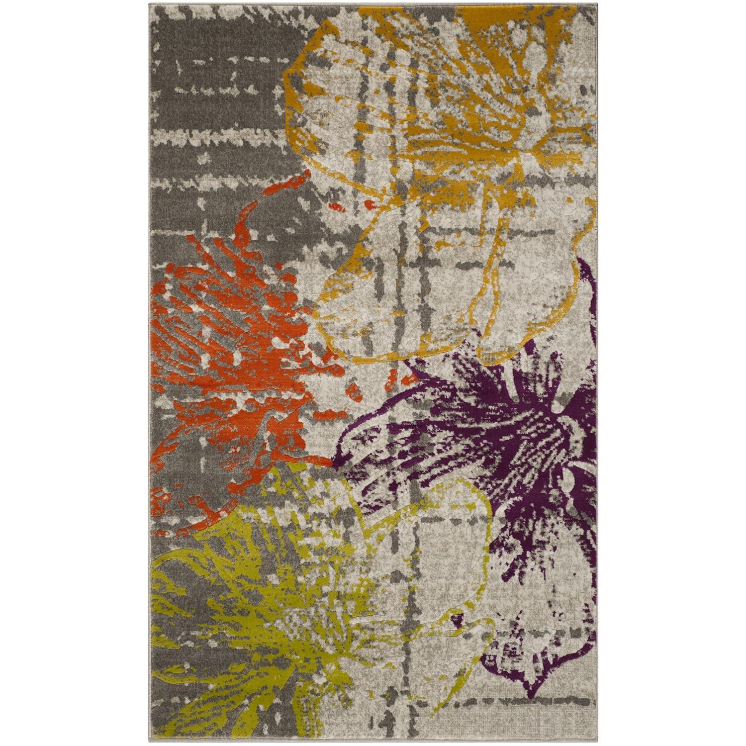 Ivory and Grey Floral Synthetic 3' x 5' Area Rug