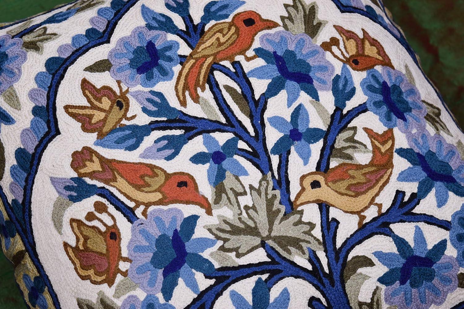 Teal Blue Embroidered Cotton Euro Pillowcase with Birds