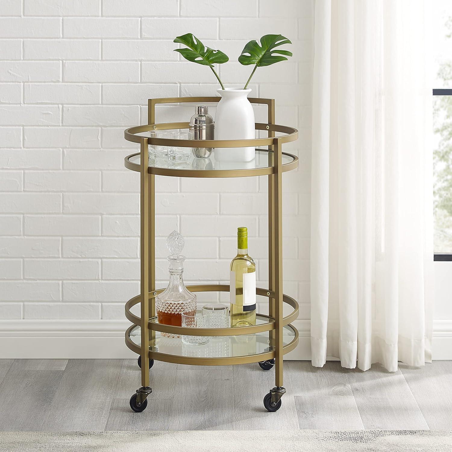 Bailey Round Bar Cart Gold - Crosley: Mobile Beverage & Drink Station, Tempered Glass Shelves, Steel Frame