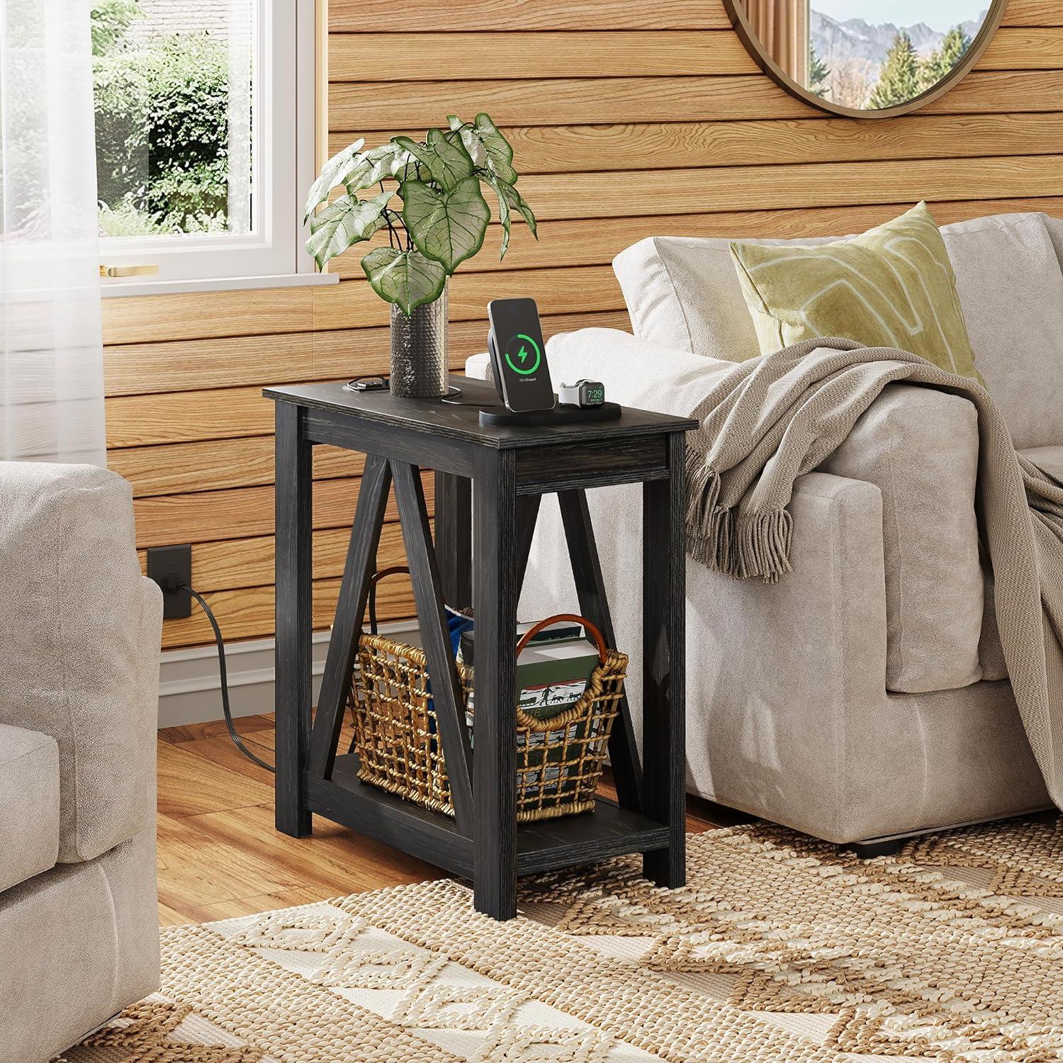 Charcoal Black Wooden End Table with Charging Station and Open Shelf