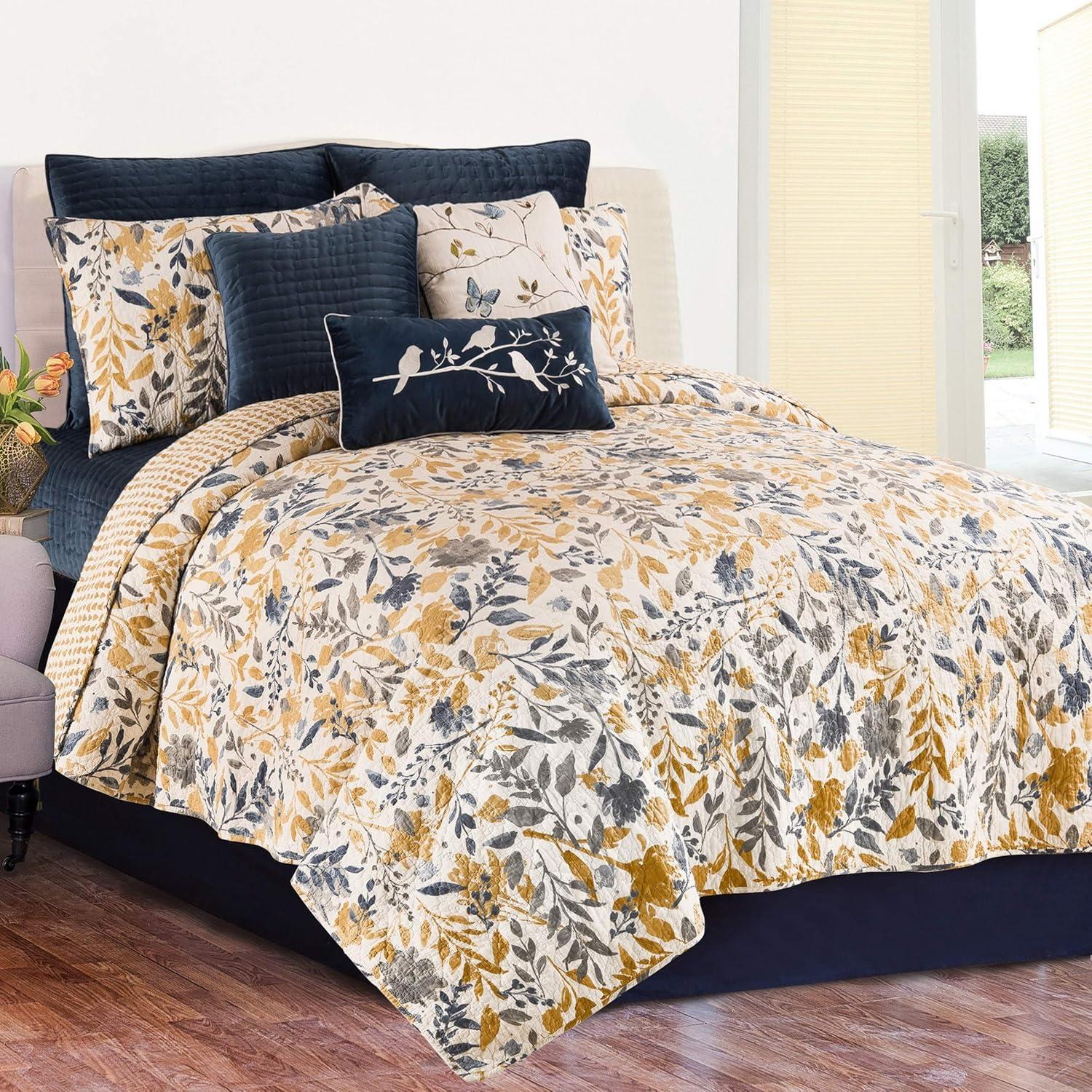 C&F Home Natural Home Blue/Yellow/Gray/White Cotton Reversible Quilt Set