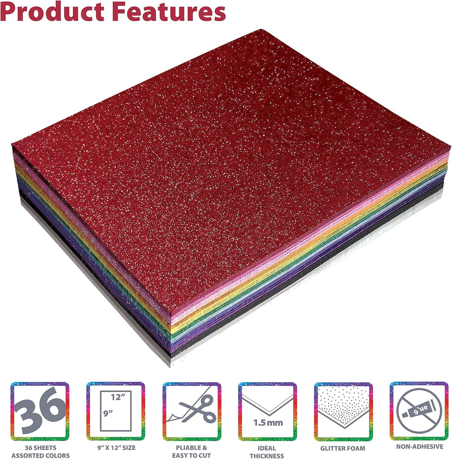 36 Pack Glitter Foam Sheets, 9 x 12 Inch, by Better Office Products, Assorted 12 Colors, for Arts and Crafts, 36 Sheets