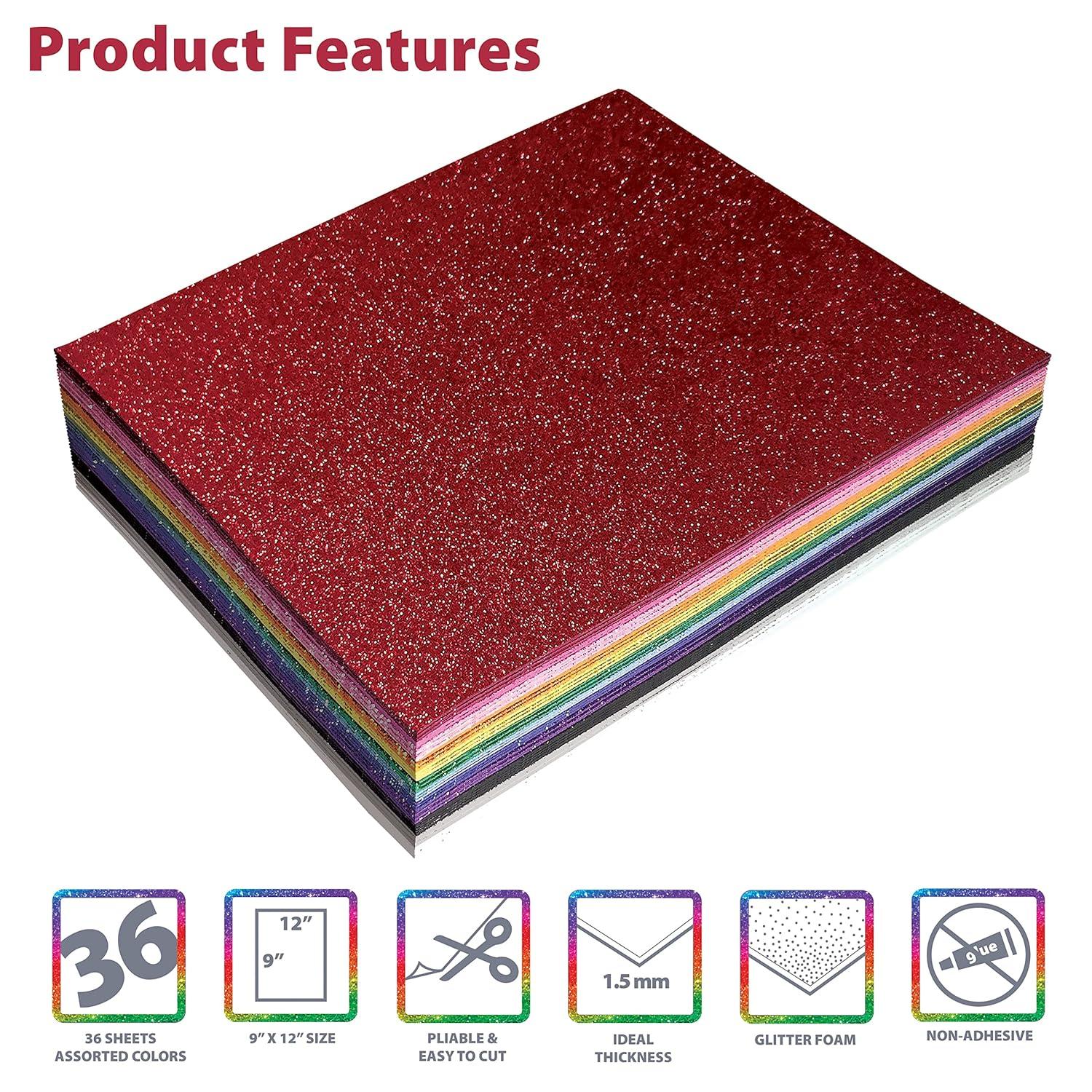36 Pack Glitter Foam Sheets, 9 x 12 Inch, by Better Office Products, Assorted 12 Colors, for Arts and Crafts, 36 Sheets
