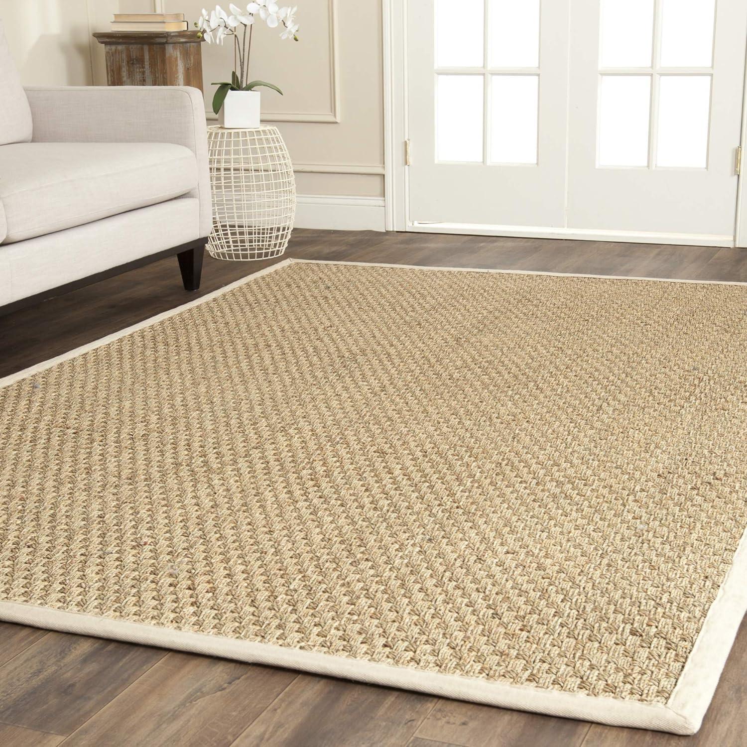 Natural and Light Blue Cotton Border Area Rug, 6' x 9'