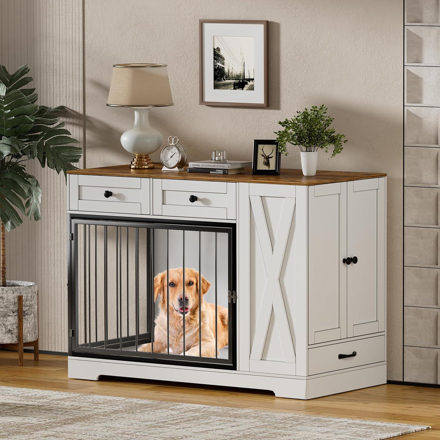 Tucker Murphy Pet™ Gladine Dog Crate Furniture Kennel with Double Doors, Wooden Pet House with 2 Drawers and Pet Feeder Station Storage Cabinet