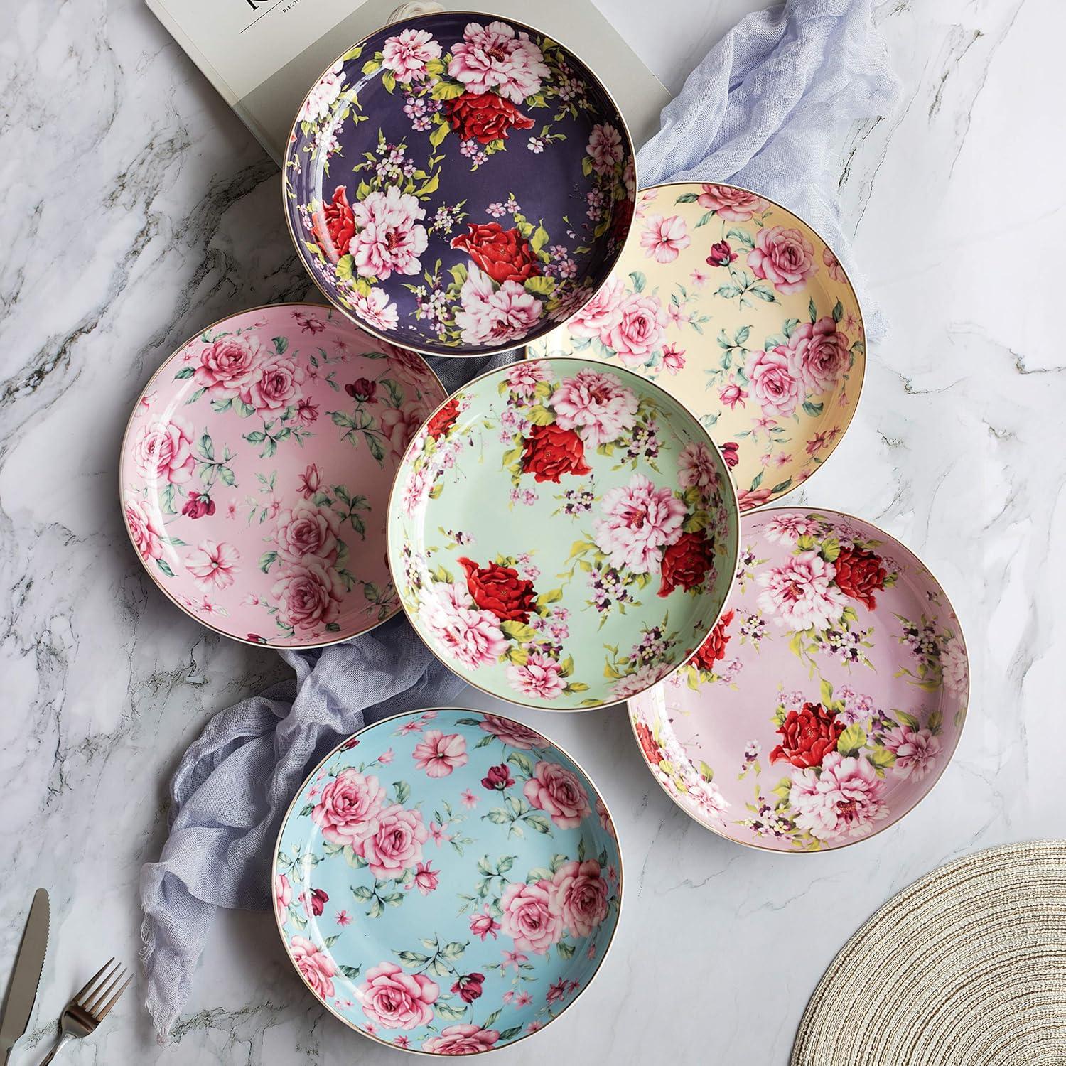 BTaT- Porcelain Floral Dessert Plates, 8 inch, Set of 6, Deep Plates