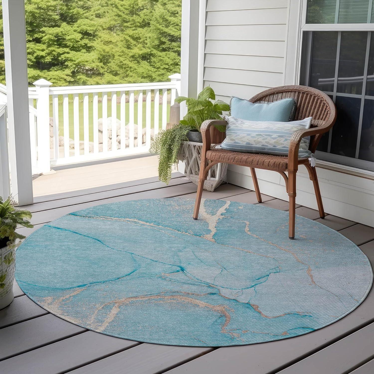 Teal Synthetic Round Machine-Washable Area Rug with Non-Skid Backing