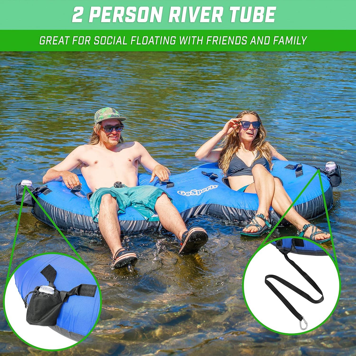 GoSports Heavy-Duty 2 Person Floating River Tube with Premium Canvas Cover-Commercial Grade Double River Tube-Blue