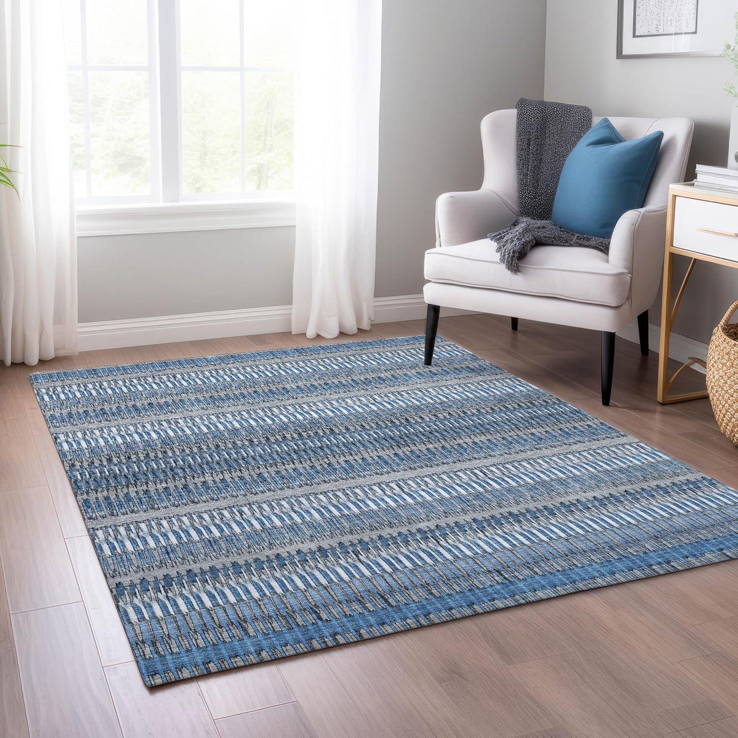 Blue and Gray Synthetic Flat Woven Reversible Rug, 3' x 5'