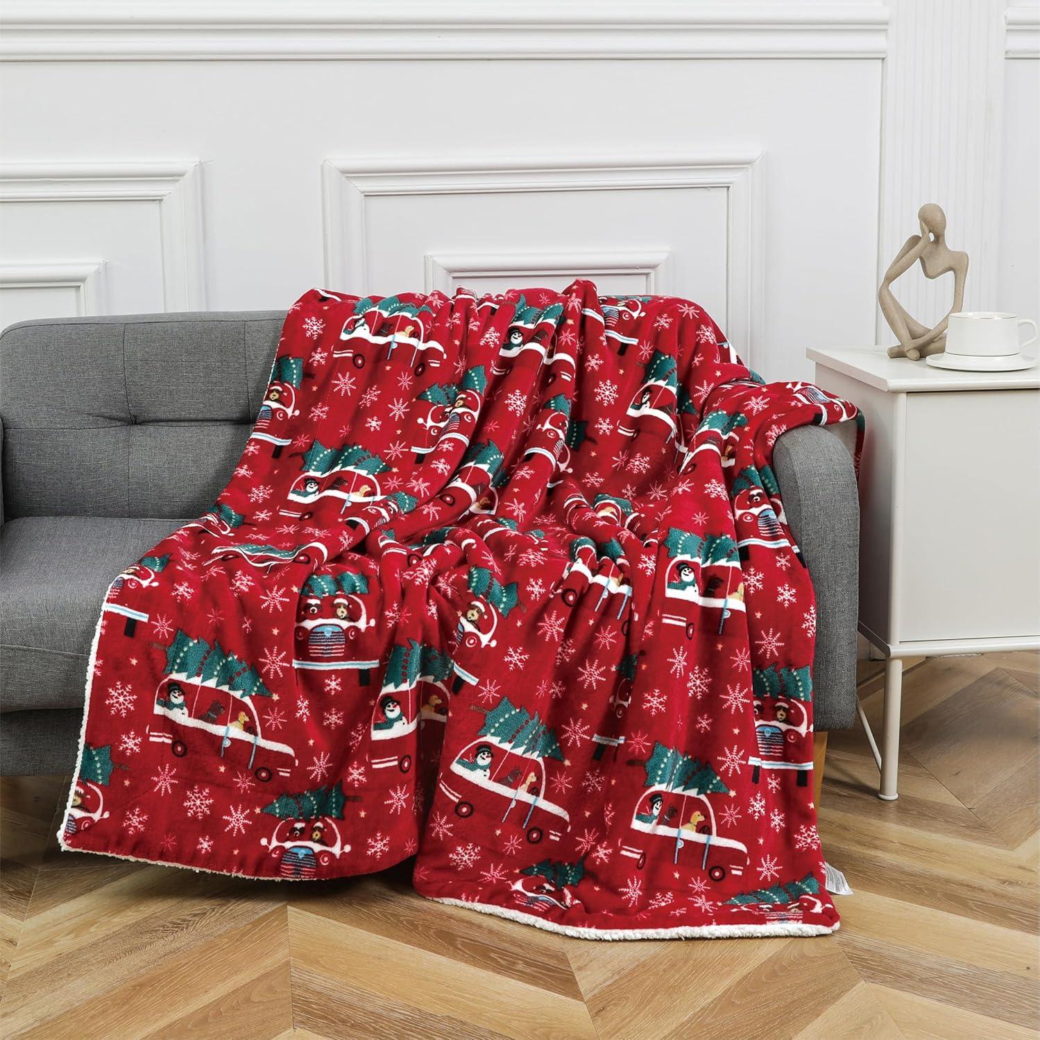 Reversible Red Christmas Tree Car Sherpa Fleece Throw Blanket 50"x60"