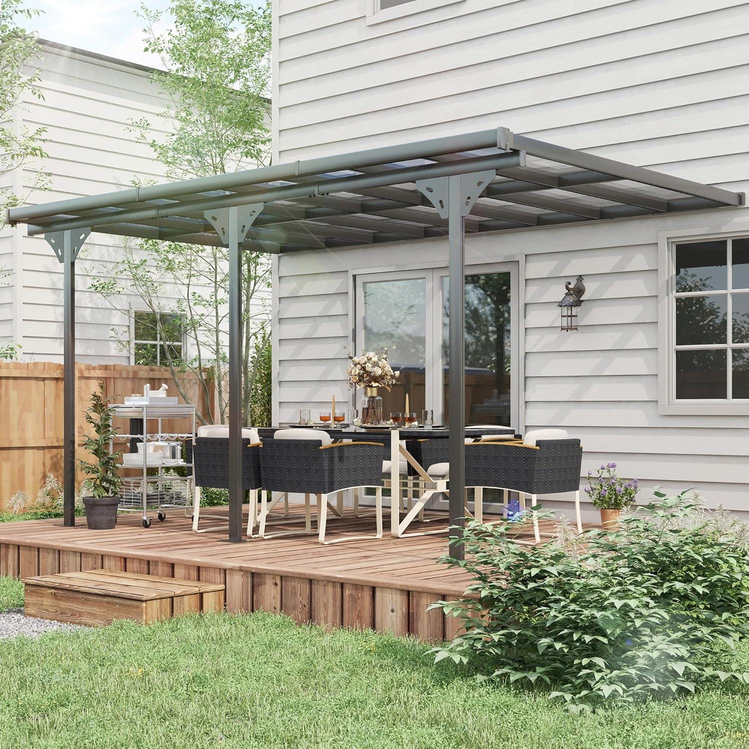 Outsunny Outdoor Polycarbonate Pergola, Transparent UV Blocking Awning, Hardtop Deck Gazebo w/ Adjustable Posts, Aluminum, Gray