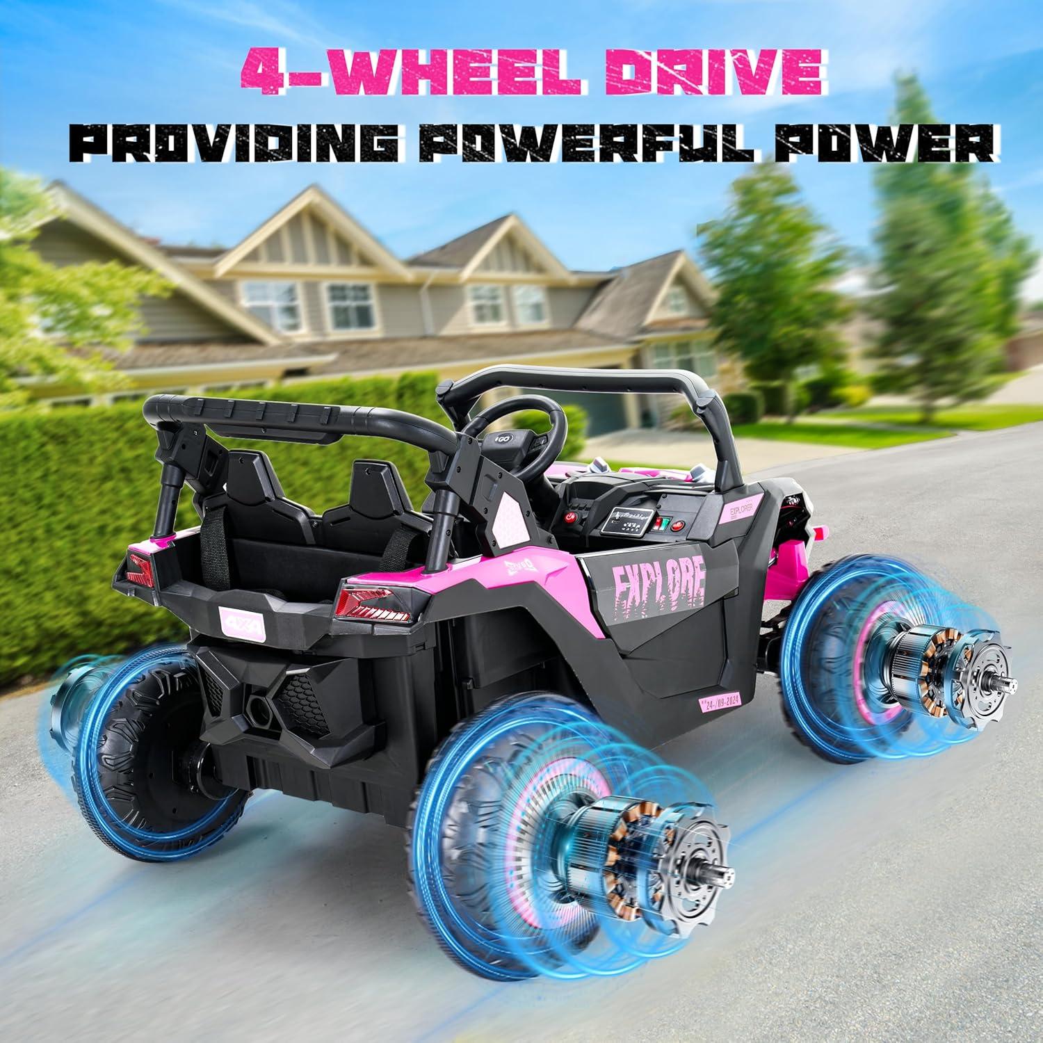 Yisufo 24V Kids Ride on Toys UTV with Remote Control,4WD 2 Seater Ride on Truck Car,7Ah Large Battery Electric Car with 3 Speed, LED Lights, Music for 3-8 Years Kids Pink