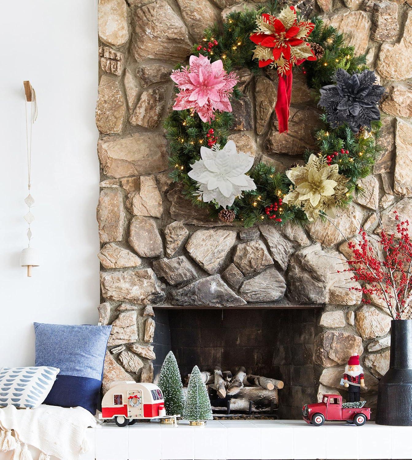 Glitter Christmas Poinsettia Artificial Xmas Flower Ornaments Flowers Decorations with Clips and Stems Glitter Poinsettia Christmas Tree Ornaments for Christmas Wedding (Black,36 Pieces)