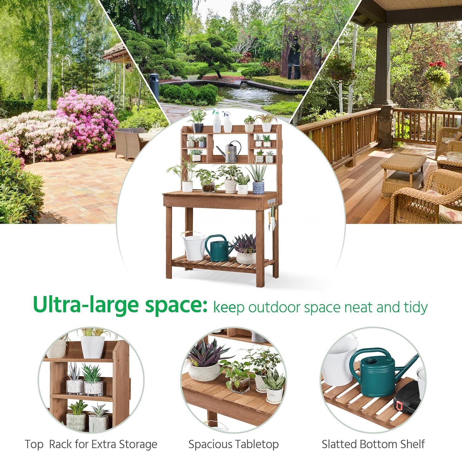 Yaheetech Potting Bench Table with Display Rack/ Storage Shelf/ Hanger, Brown