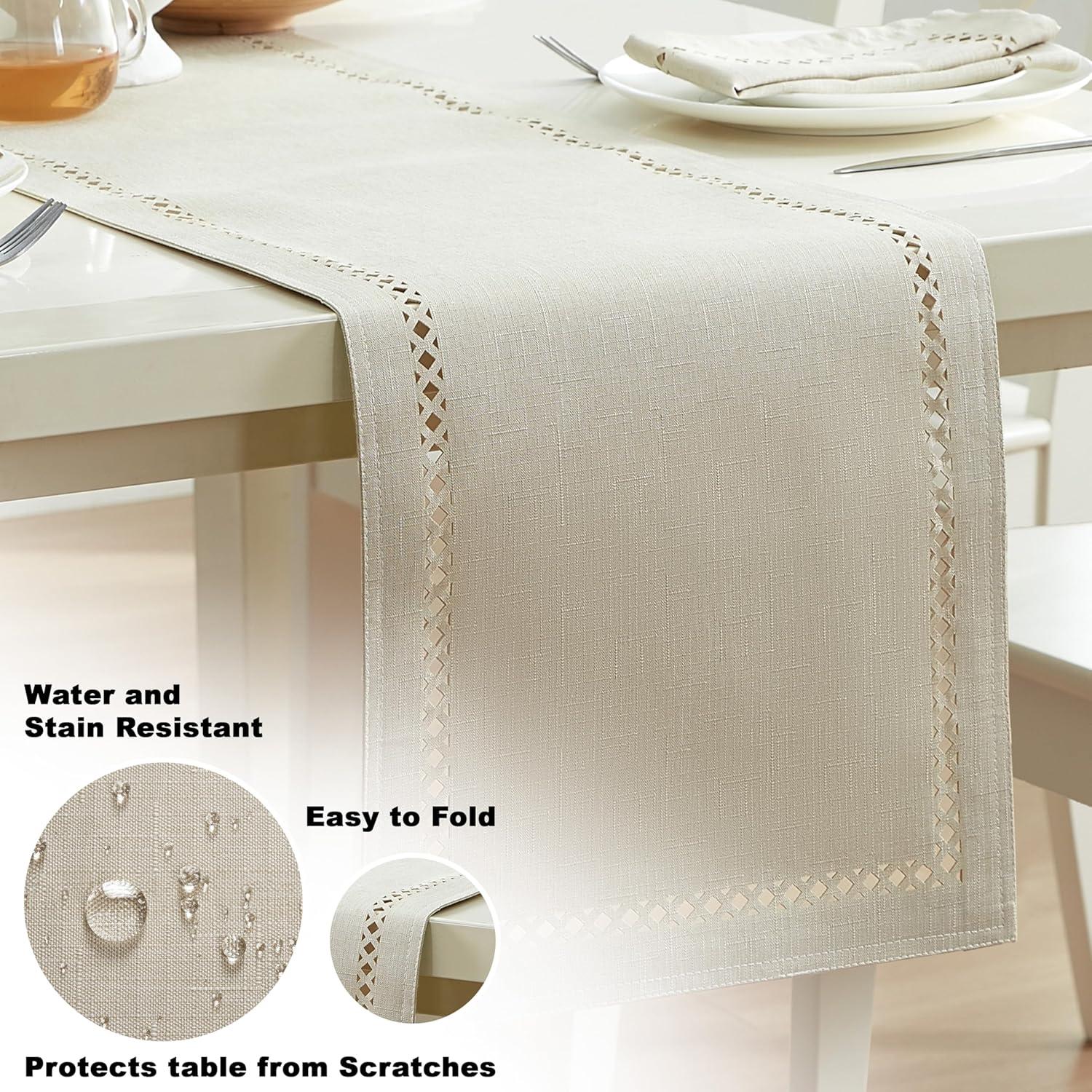 Newbridge Provence Lattice Cutwork Solid Color Textured Fabric Table Runner, 70 Inch Long, Ivory