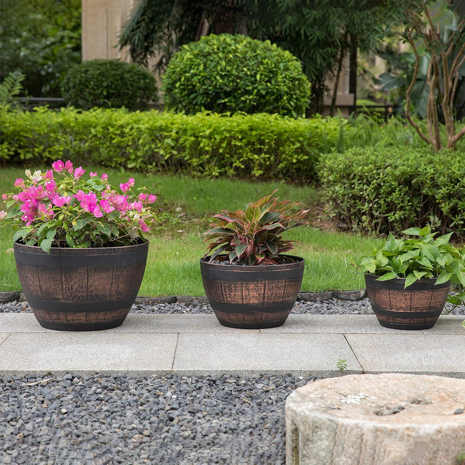 Gardenised Brown Outdoor Rustic Half Barrel Flower Garden Planter Bowl, Plastic