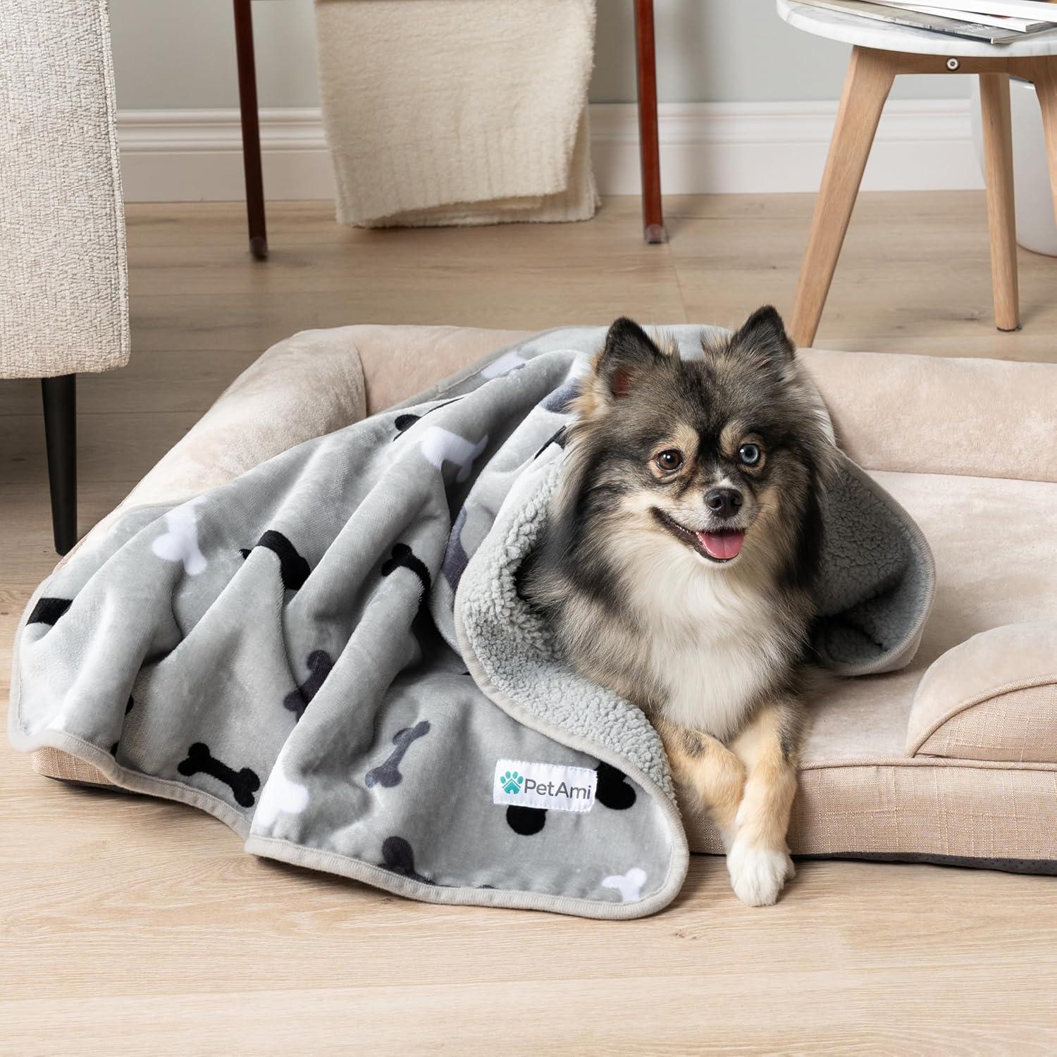 PetAmi Waterproof Dog Blanket For Pet Cat, Faux Shearling Fleece Couch Cover, Soft Plush Washable Reversible Throw (Bone Gray, Small (24x32))