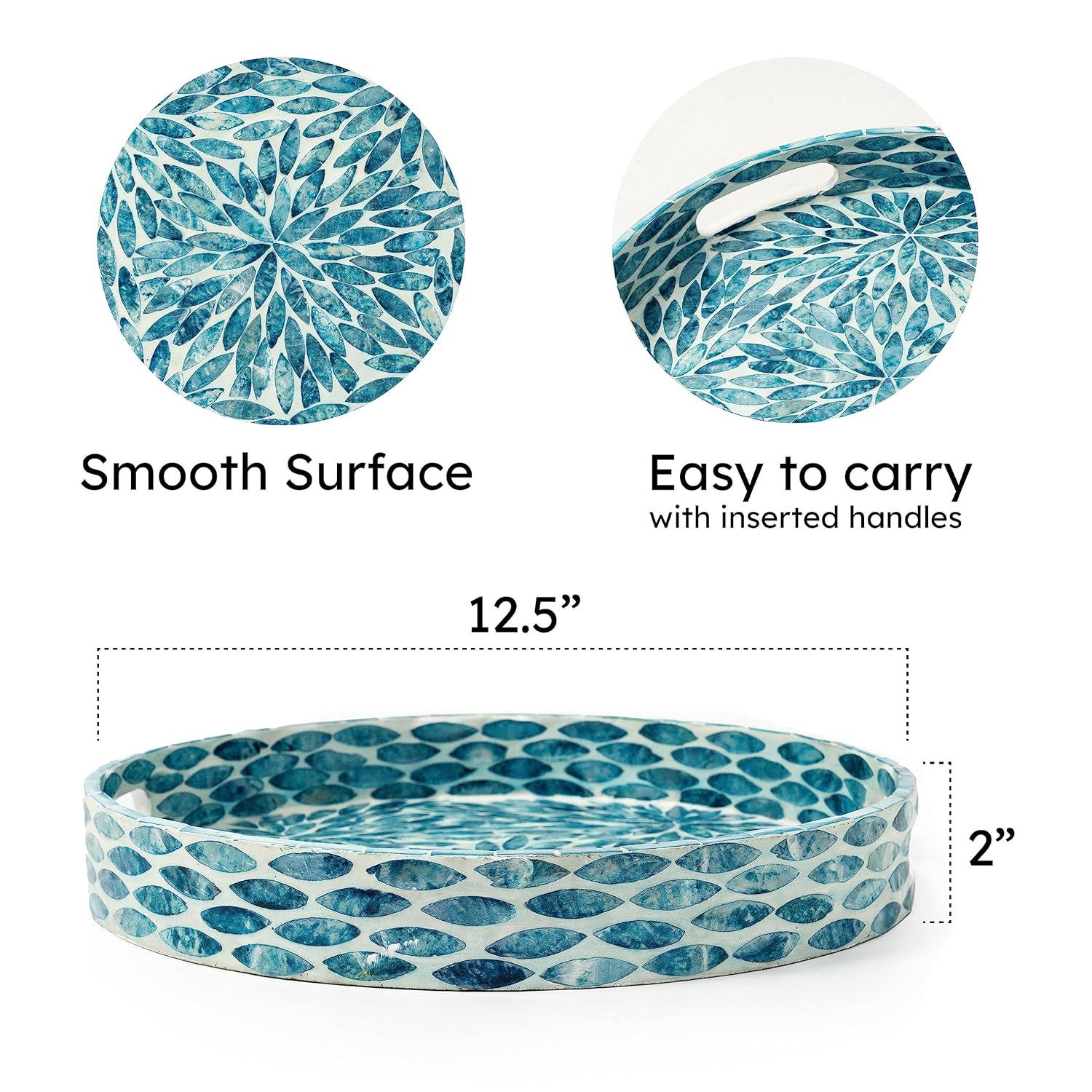 CLAYNIX Serving Tray 12.5 Inch, Lacquer Mother of Pearl Inlay Mosaic Tray, Round Wooden Marble Tray with Handles Trays for Tea, Breakfast (Flower Style)