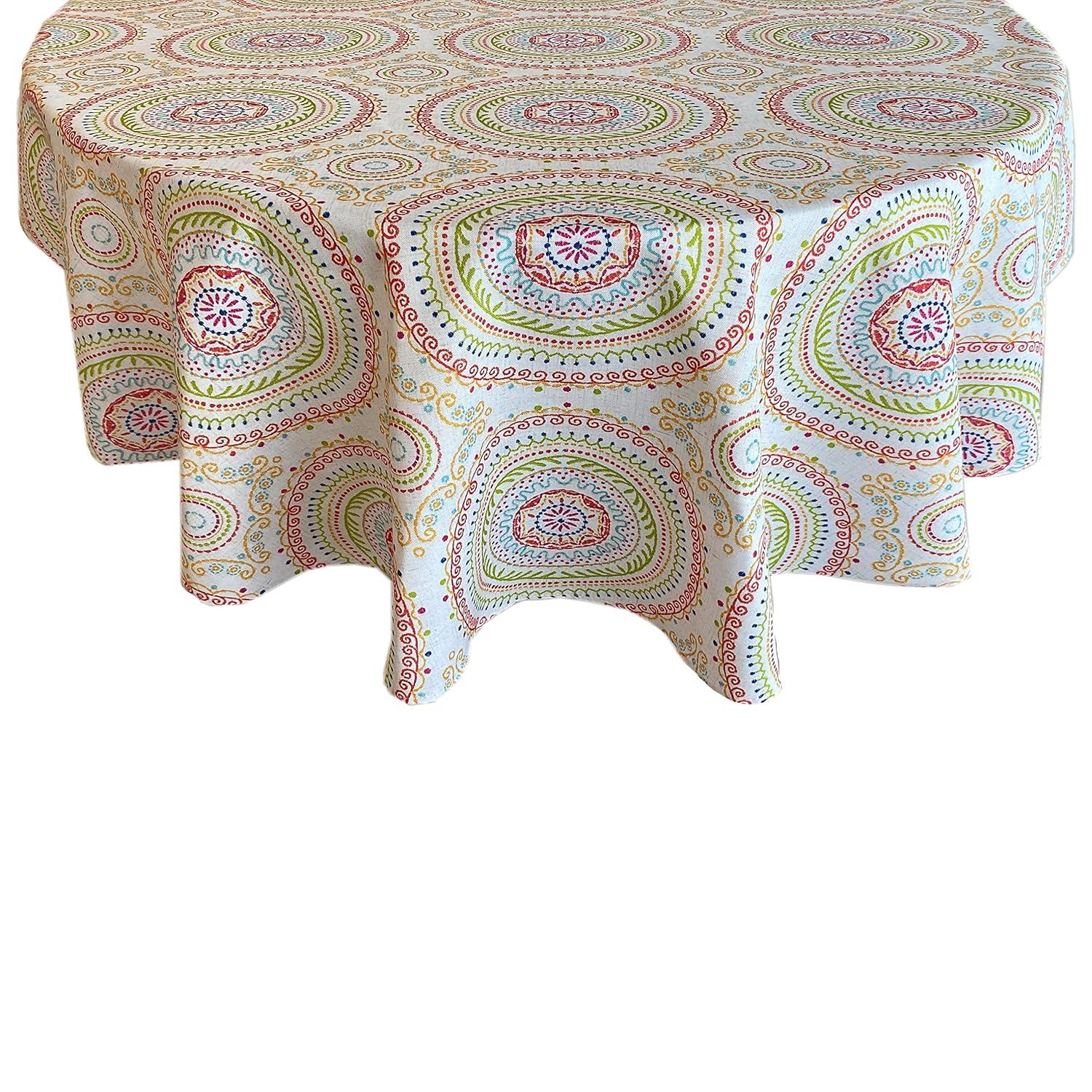 Newbridge 70 Inch Round Fabric Tablecloth, Coral and Green Circle Stitch, Indoor Outdoor No Iron Soil Resistant Dining Room, Party and Banquet Table Cover, Modern Boho Chic Print