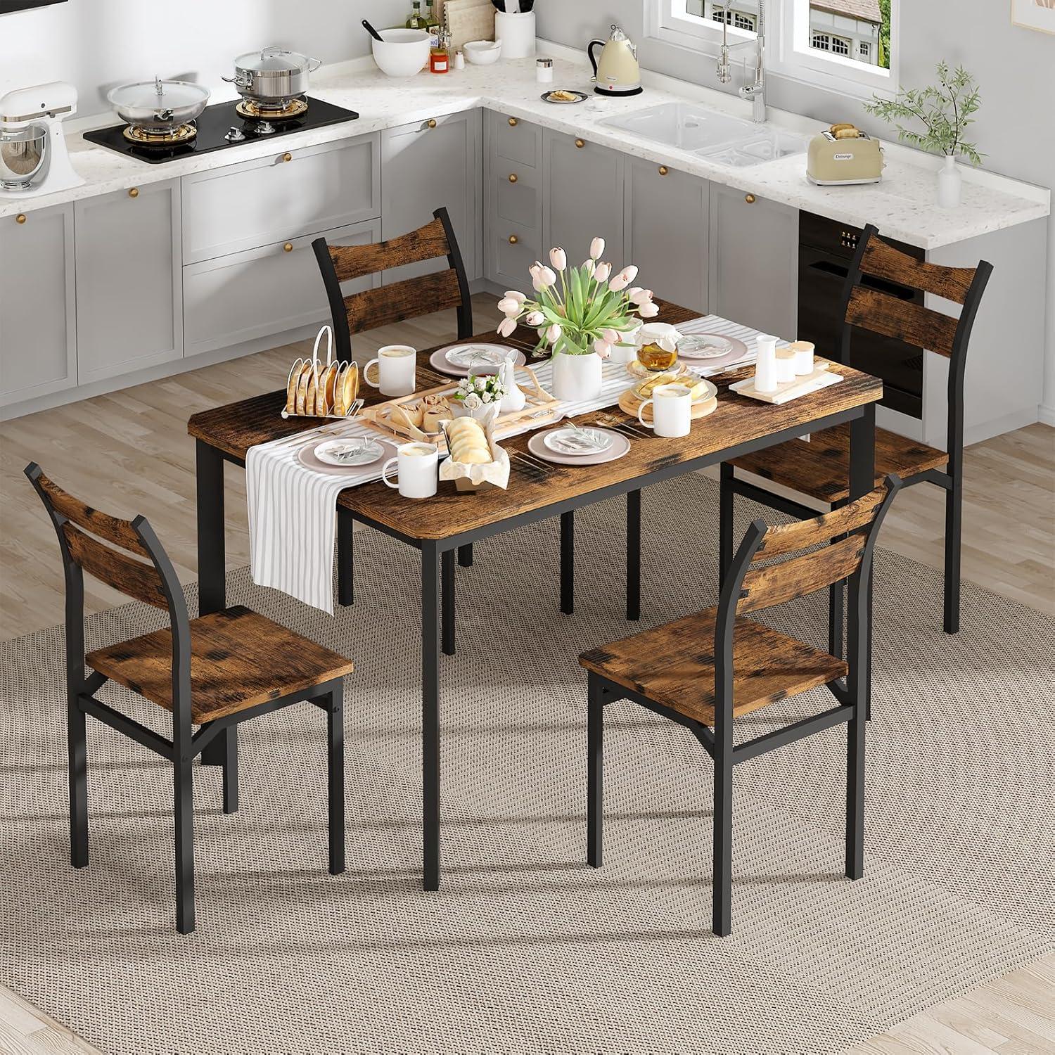 Rustic Brown 5-Piece Industrial Dining Set with Metal Legs