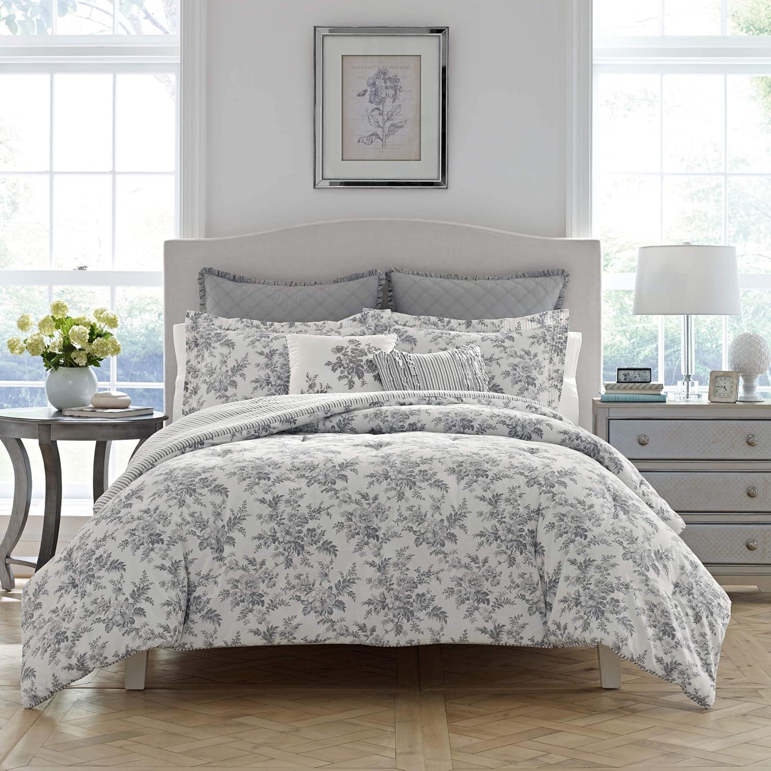 King Gray Floral Cotton 7-Piece Ruffled Bedspread Cover Set