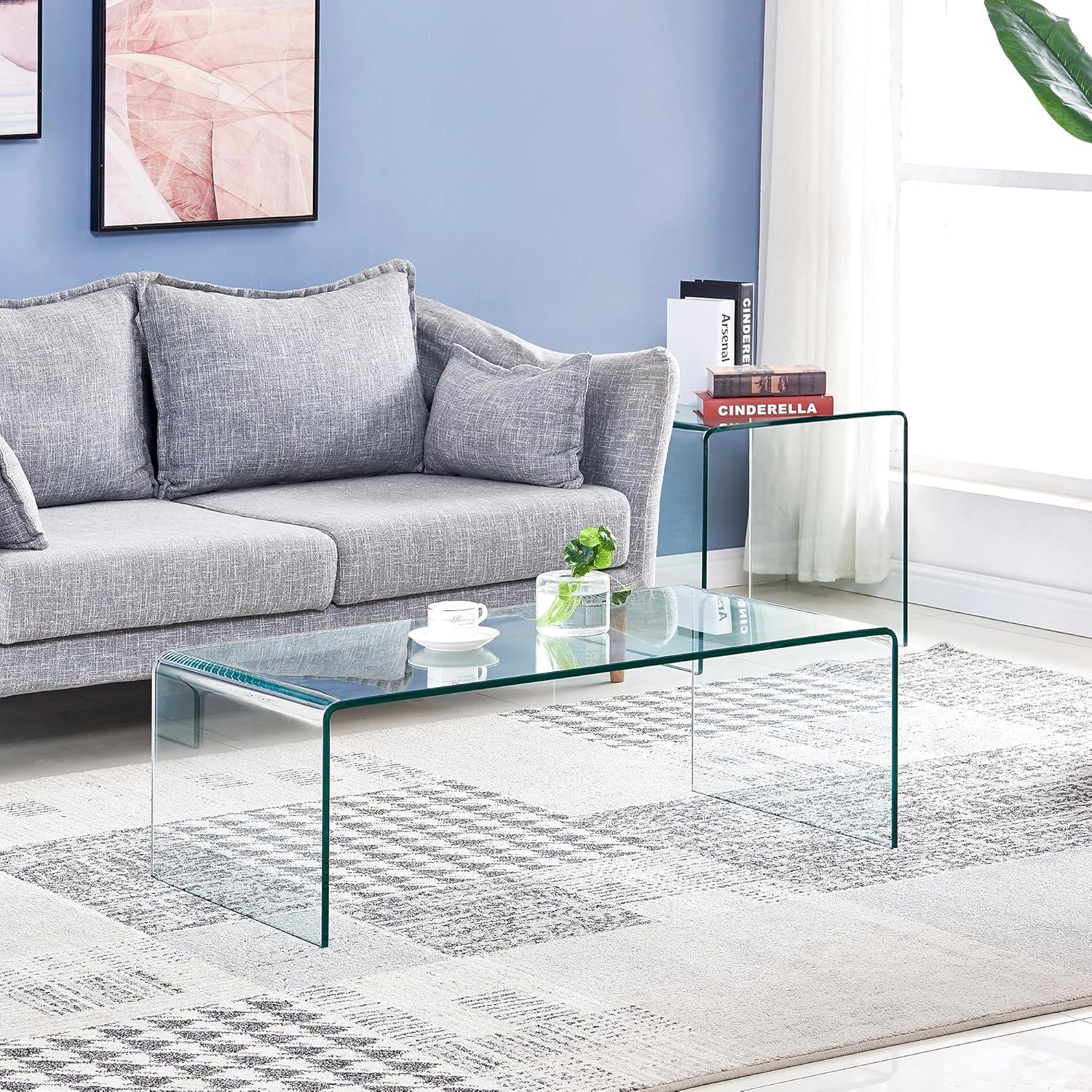 Glass Coffee Table, Modern Clear Tables for Living Room, Small Rectangle Tempered Glass Waterfall Sofa End Coffee Tables 39.4" x 19.7" x 13.78"H
