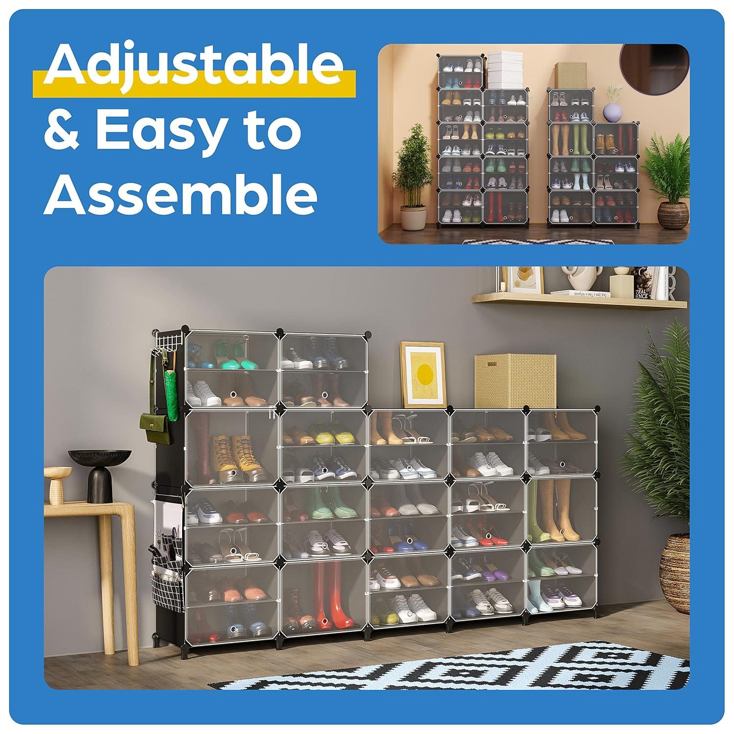 Shoe Organizer Cabinet Up to 72 Pairs, Shoe Closet-Covered Shoe Rack with See-Through Door (Clear, Plastic, Stackable) Cubby Portable Shoe Organizer with Covers, Hooks & Pockets, Black