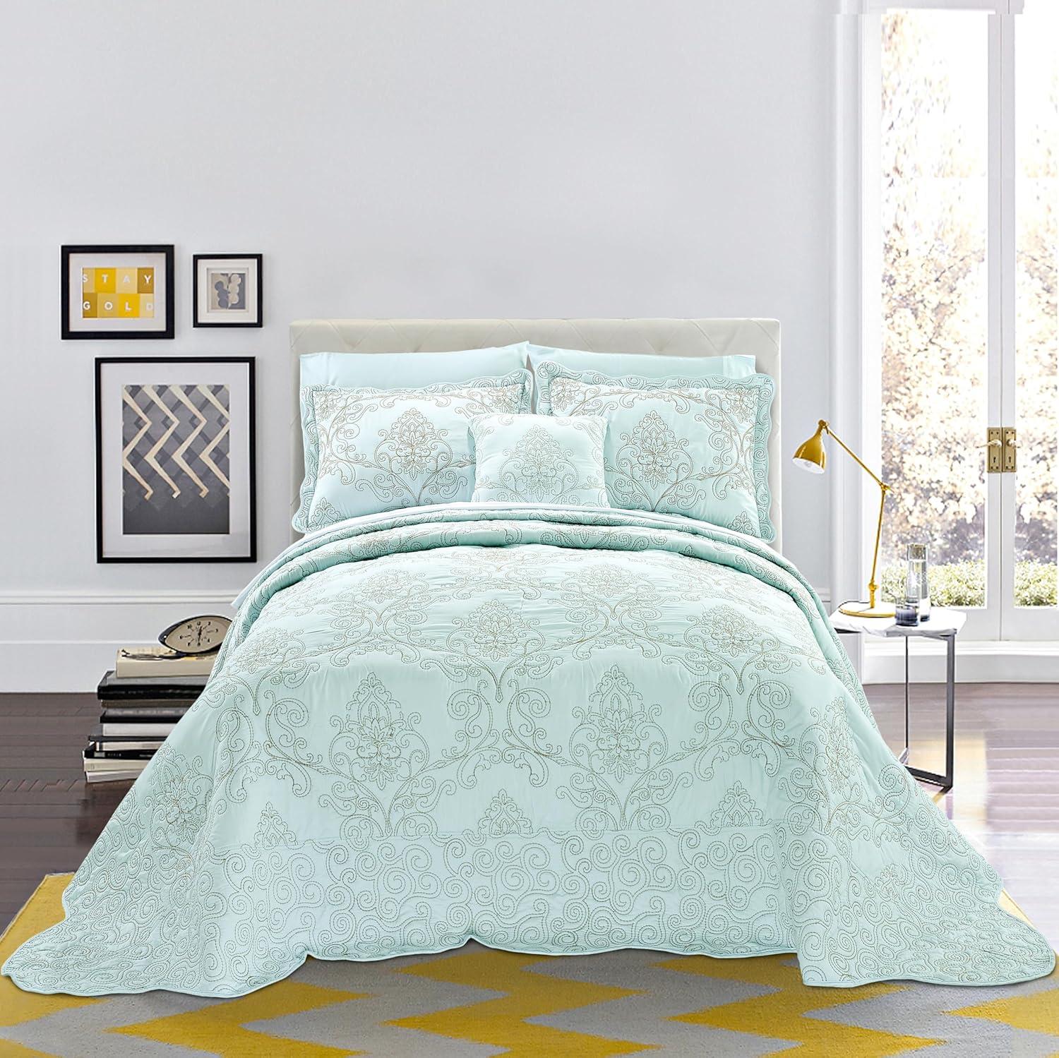 Oversized Blue and Taupe Embroidered Microfiber Bedspread Set