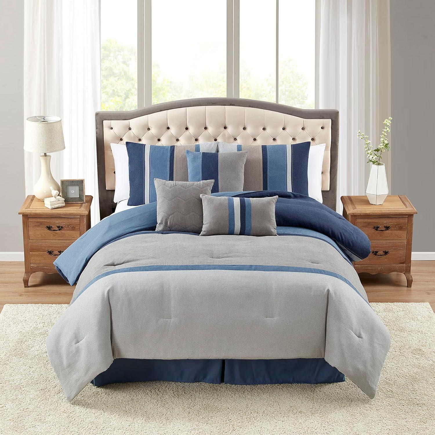 Queen Comforter Set Ultra Soft Faux Suede Fashion Bedding Sets with Shams, Throw Pillows, and Bed Skirt, Queen, Denim