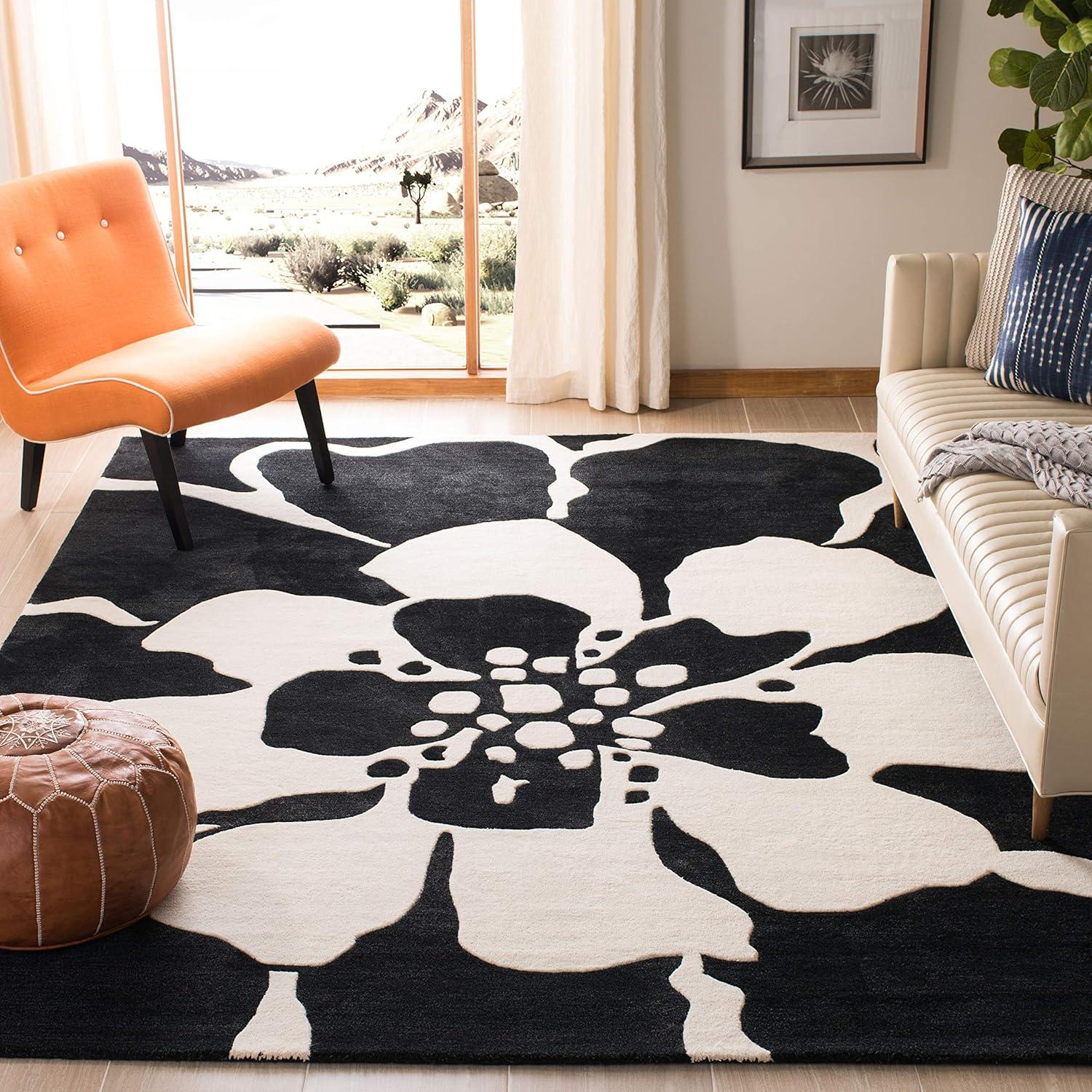 Handmade Black and White Floral Wool Area Rug