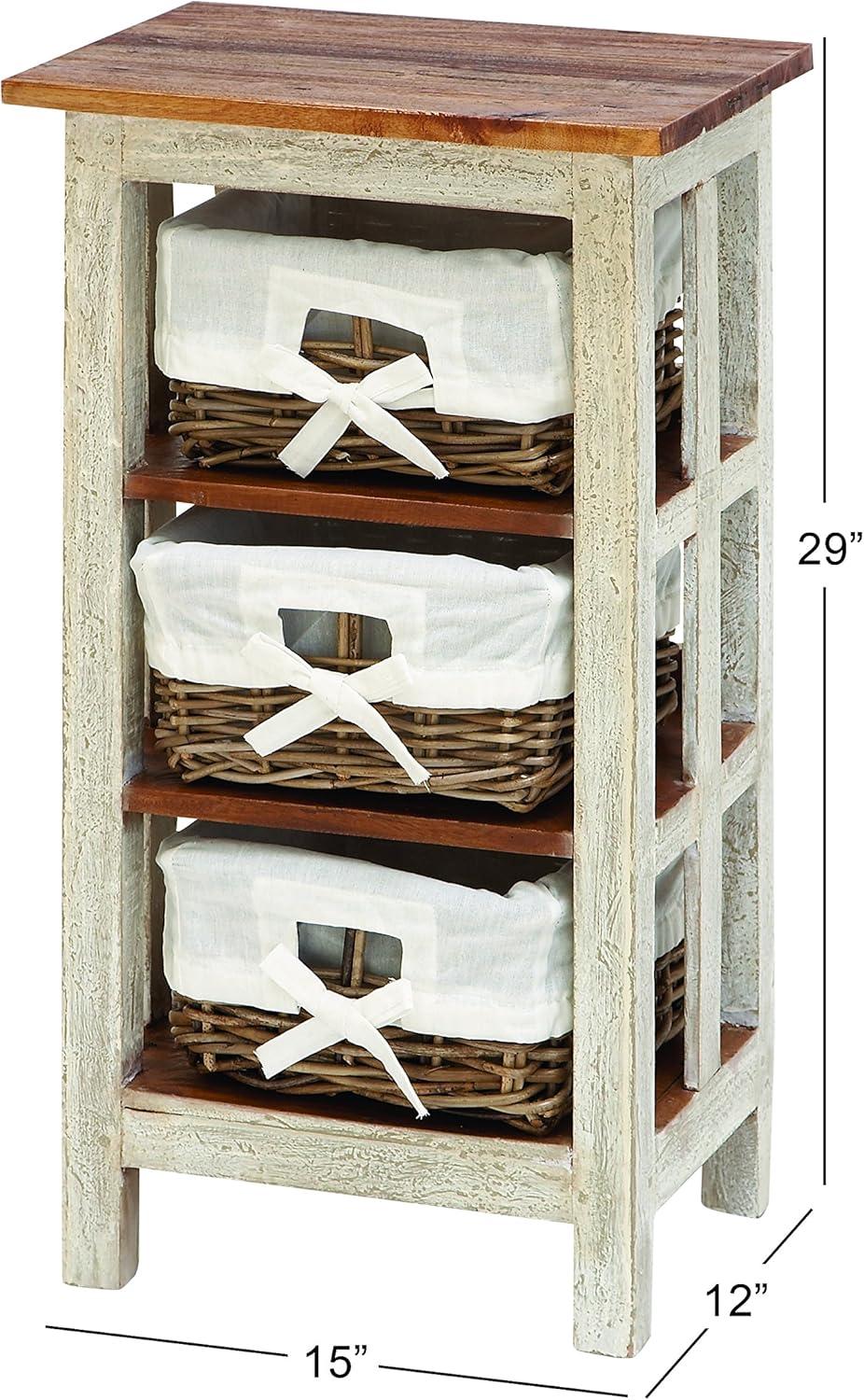 Antiqued White Wood and Rattan 3-Drawer Storage Unit