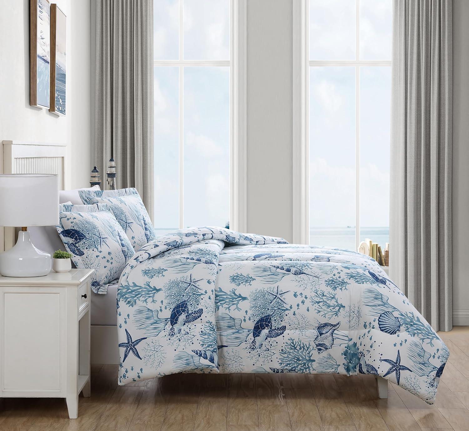 Full/Queen Blue and White Microfiber Coastal Comforter Set