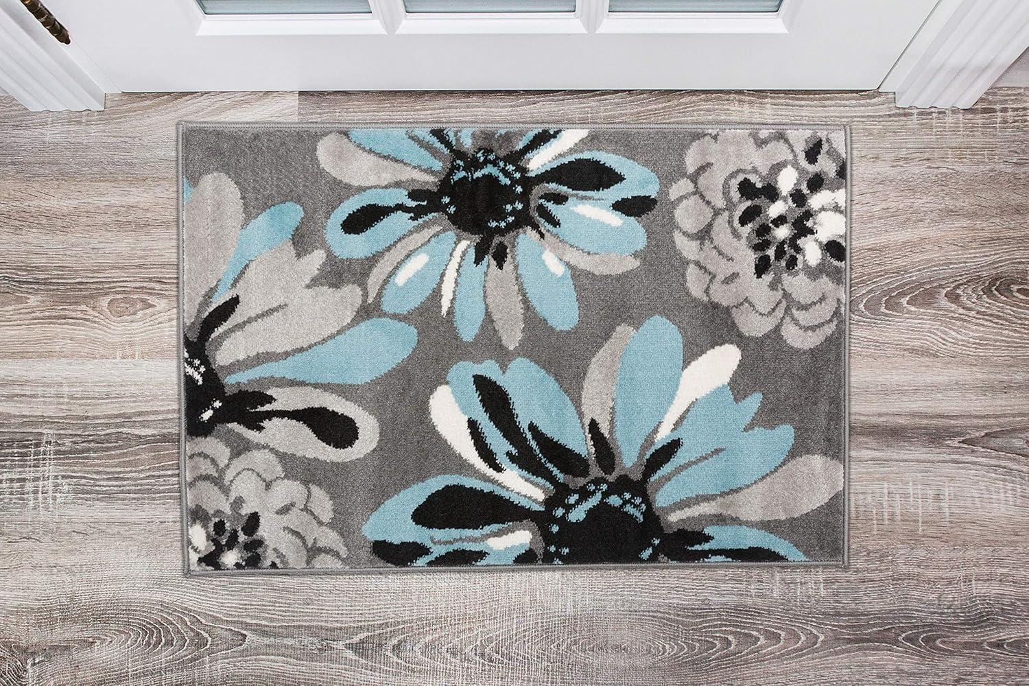 World Rug Gallery Contemporary Modern Flowers Door Mat - Blue 2' x 3': Floral, Stain-Resistant, Low Pile, Indoor Use