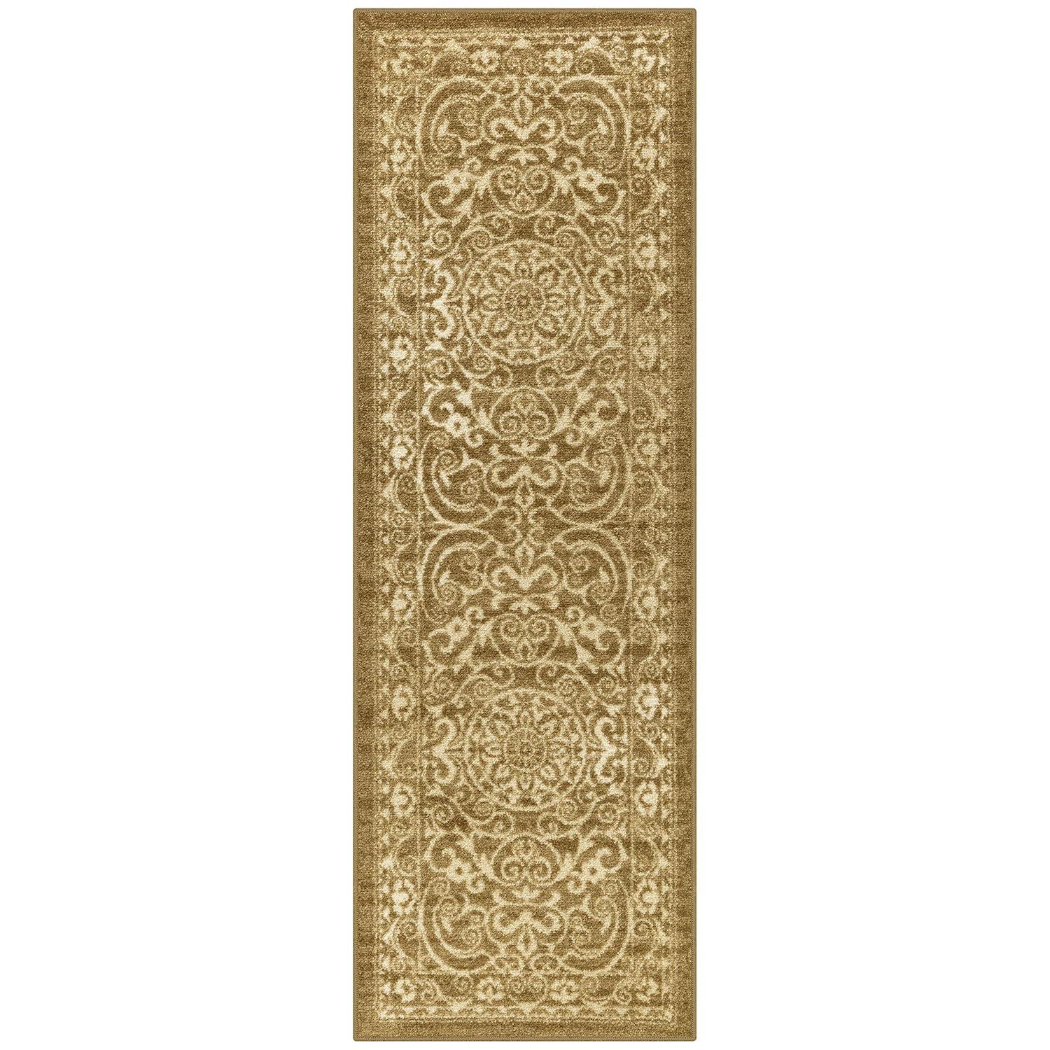 Maples Rugs Pelham Transitional Vintage Scroll Khaki Washable Hallway Runner Rug, 2' x 6'