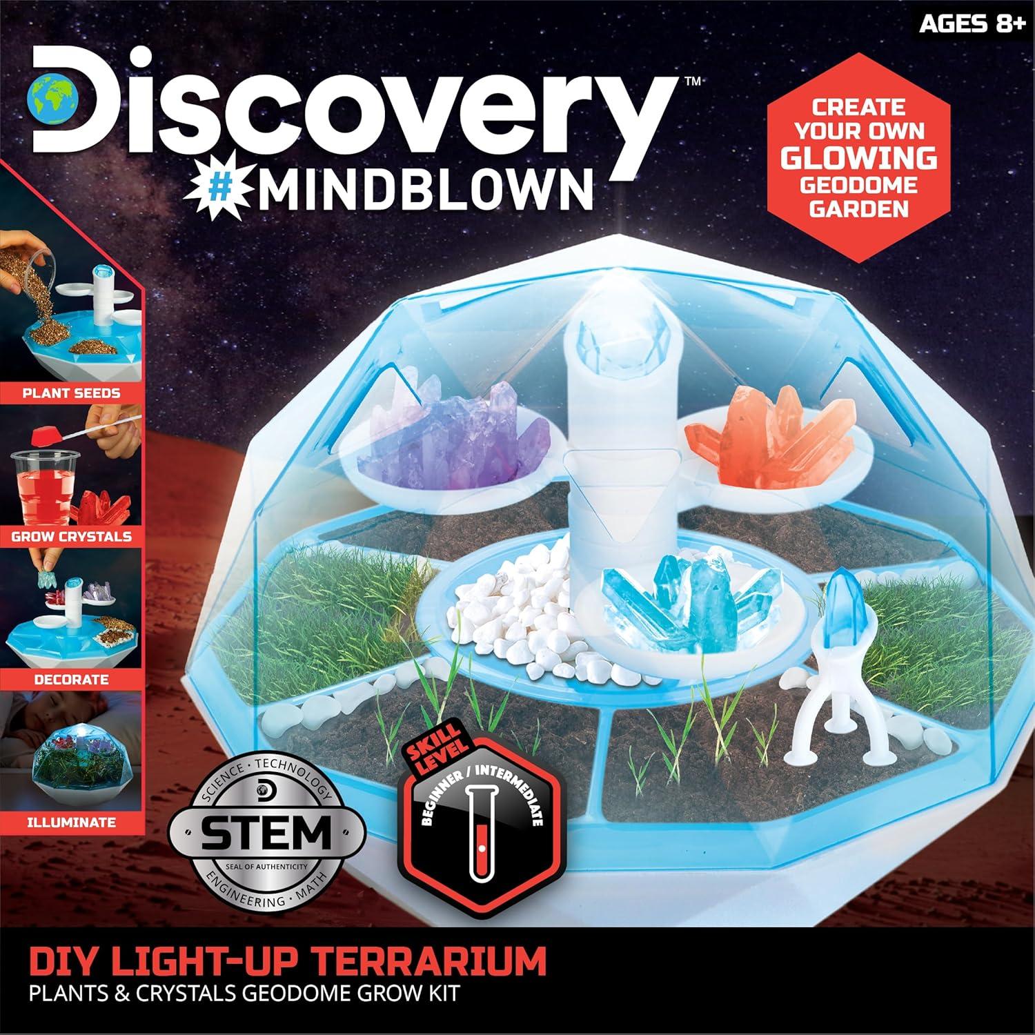 Discovery™ #Mindblown DIY Light-Up LED Terrarium - Plants & Crystals Geodome Grow Kit, 3 Colorful Crystal Formations, Rye Grass, Education STEM Activity Set, Indoor Science Experiment, Chemistry Gift