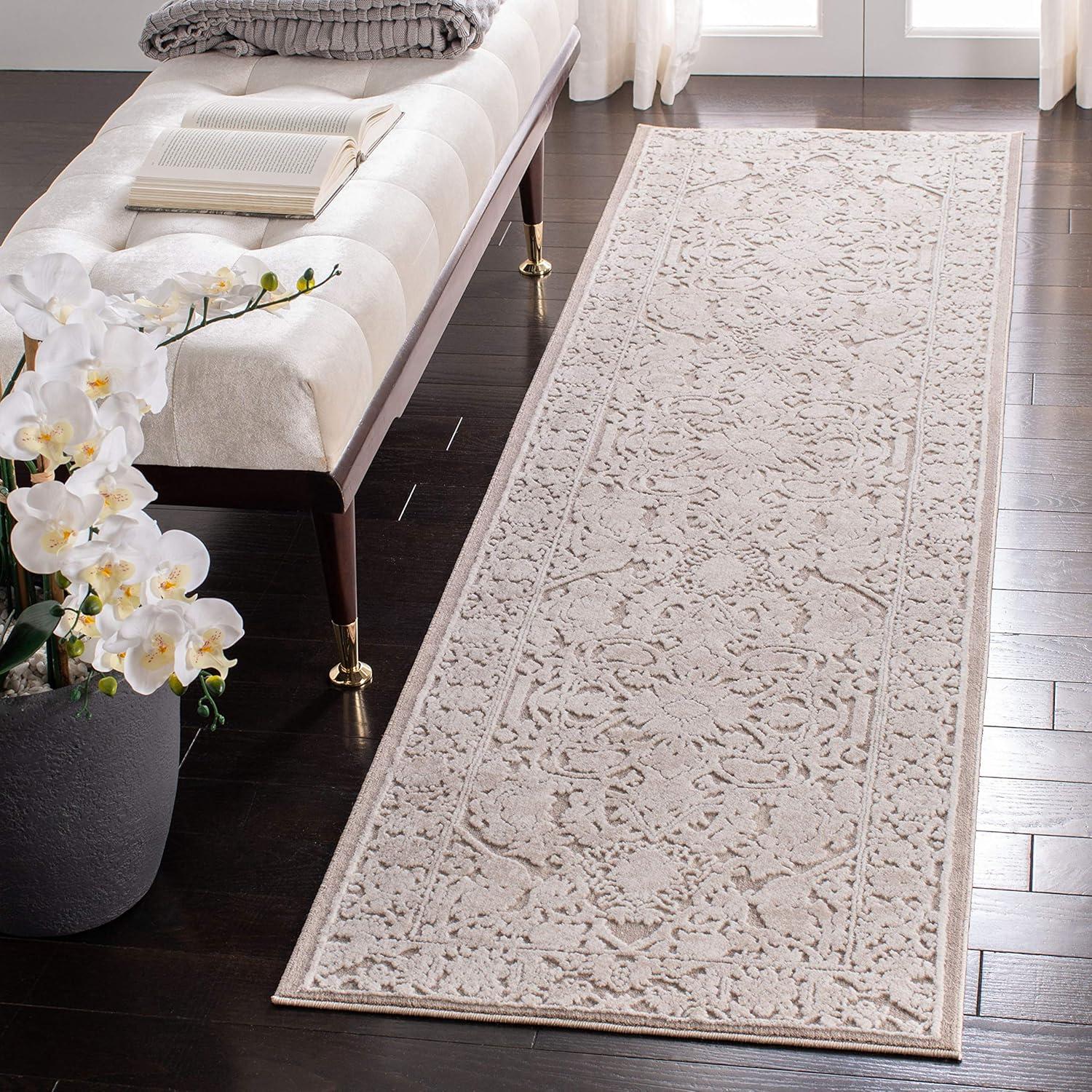 Beige and Cream Floral Hand-Knotted Runner Rug