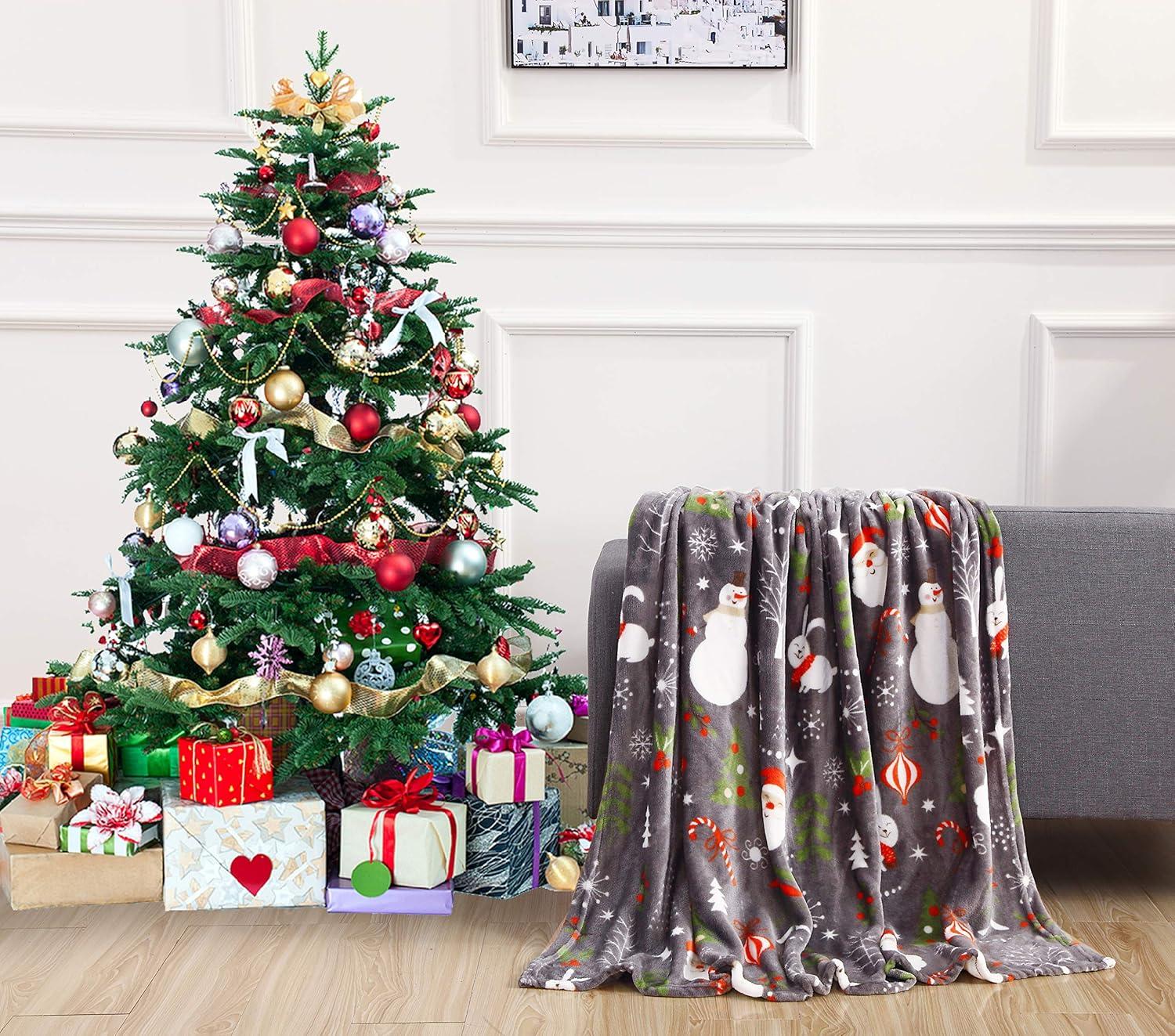 Elegant Comfort Luxury Ultra Plush Velvet Touch 50 X 60Inch Christmas Blanket, Cozy, Soft And Warm Holiday Printed Fleece, 50 X 60, Santa Snowman Gray