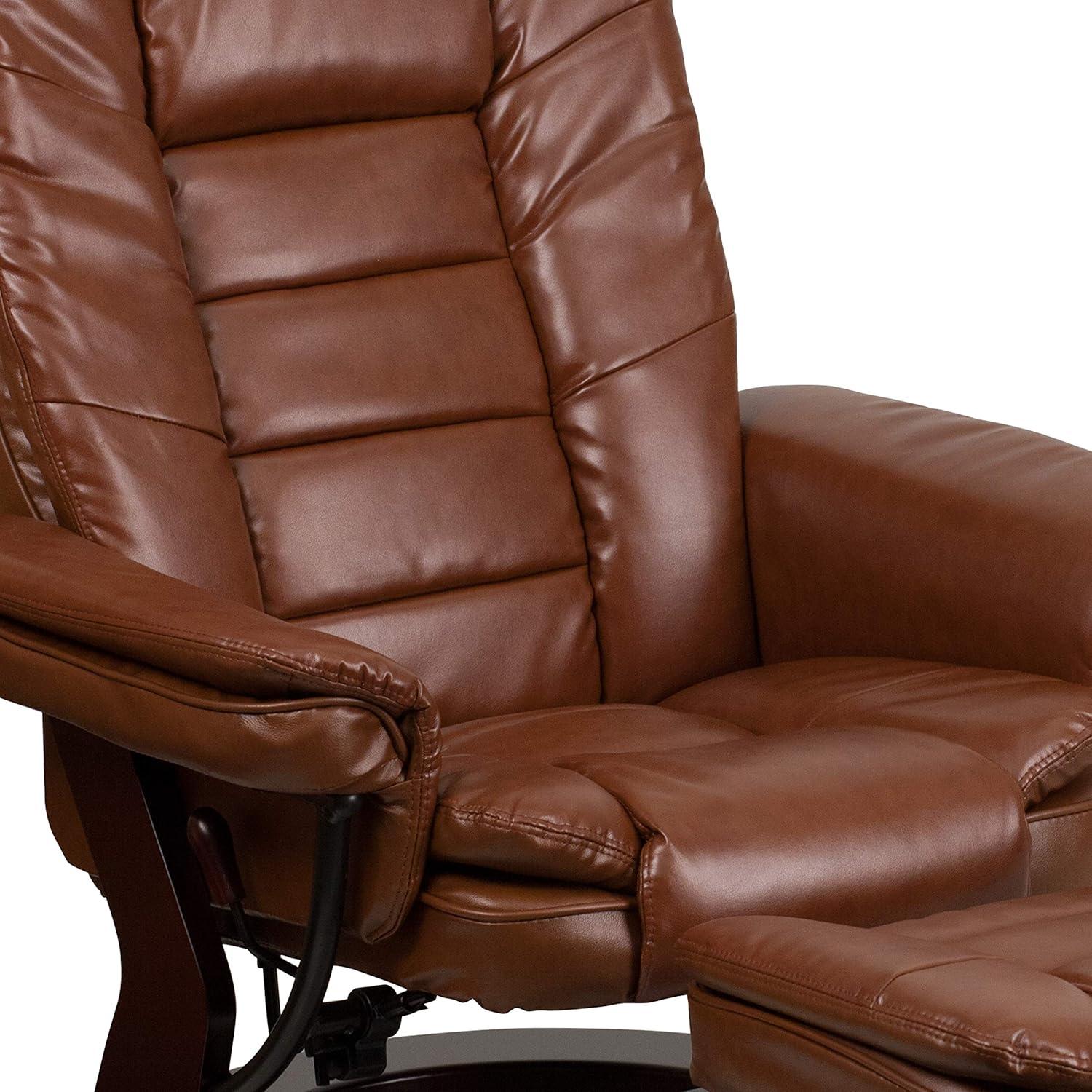 Brown Leather Swivel Recliner with Mahogany Wood Base