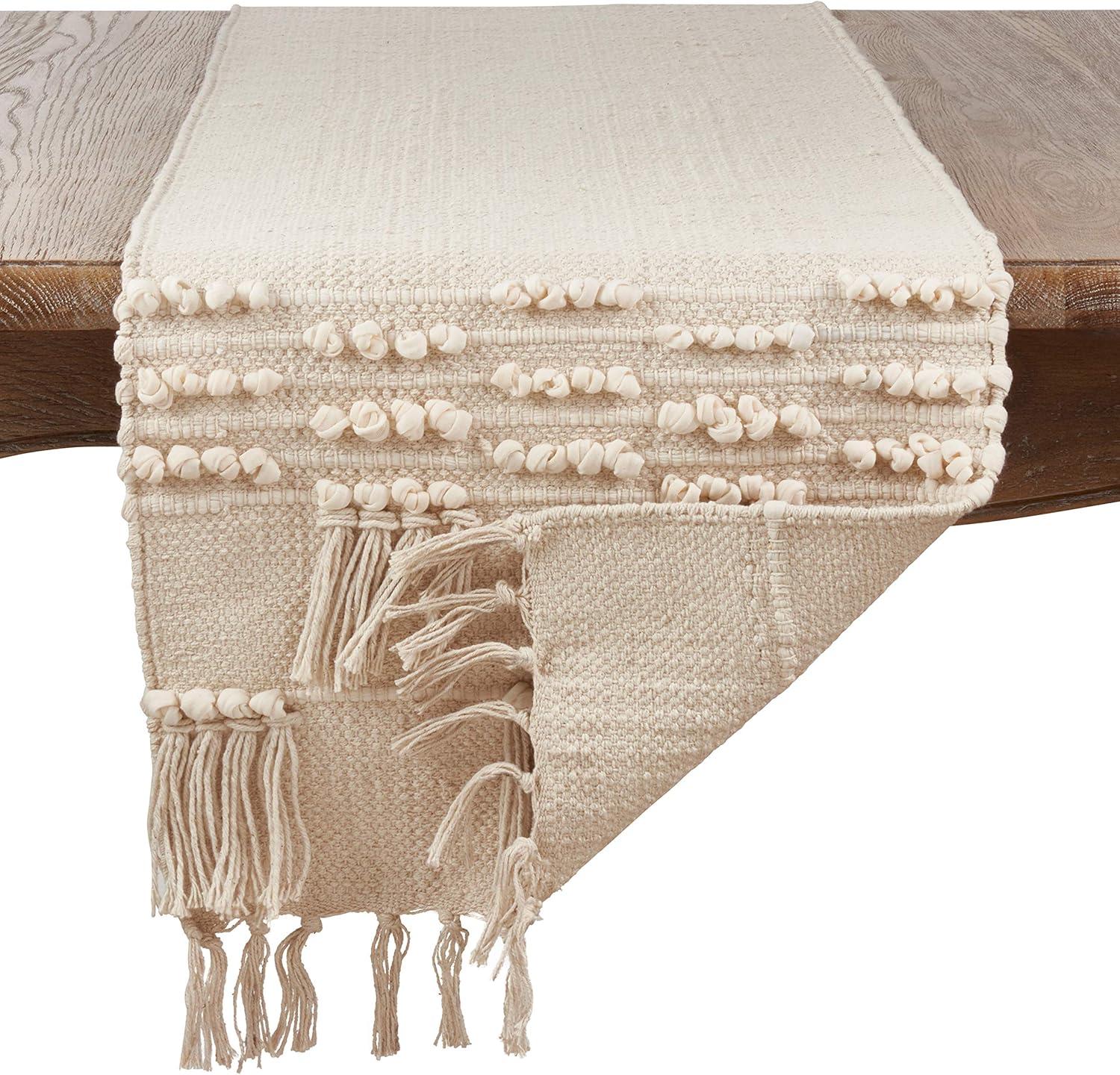 Beige Cotton Tassel Moroccan Table Runner, 16" x 72"