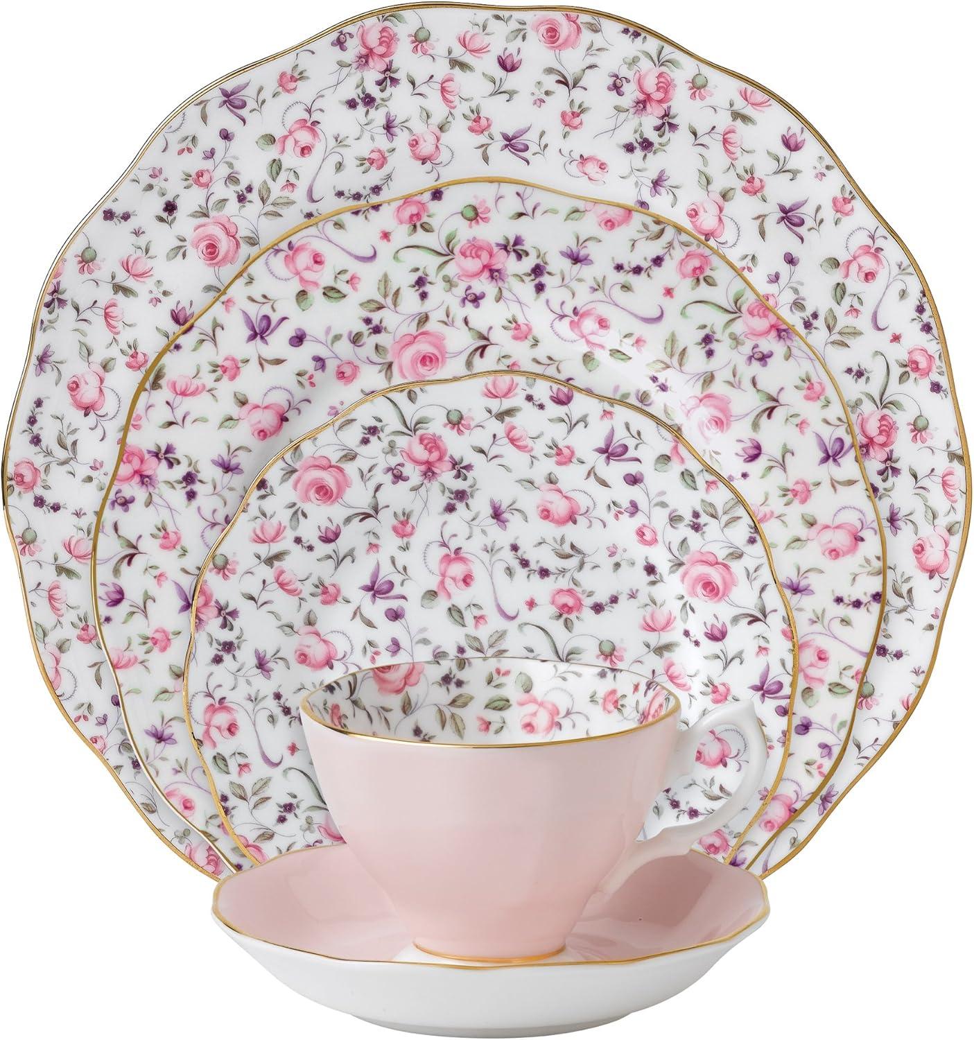 Rose Confetti Floral Porcelain 5-Piece Place Setting with Gold Rim