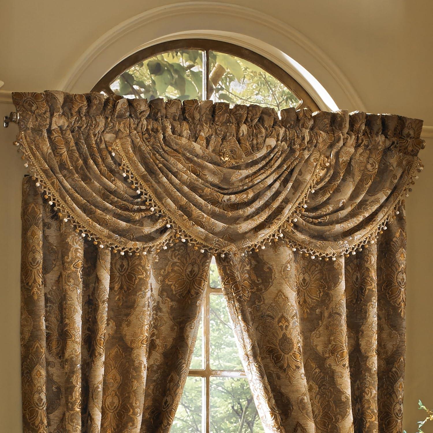 Natural Chenille Damask Waterfall Valance with Tassel Fringe