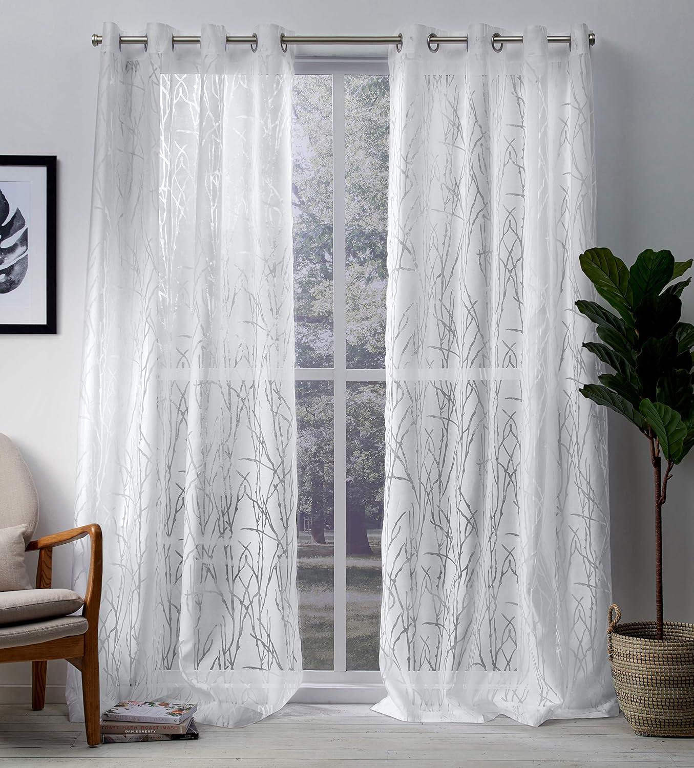Exclusive Home Edinburgh Sheer Branch Burnout Grommet Top Curtain Panel Pair, 52"x96", Winter White
