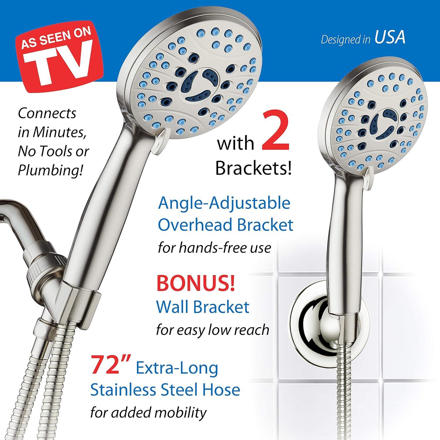 High Pressure 8-Mode Handheld Shower Head, Anti-Clog Nozzles, Built-In Power Wash To Clean Tub, Tile & Pets, Extra Long 6 Ft. Stainless Steel Hose, Wall & Overhead Brackets