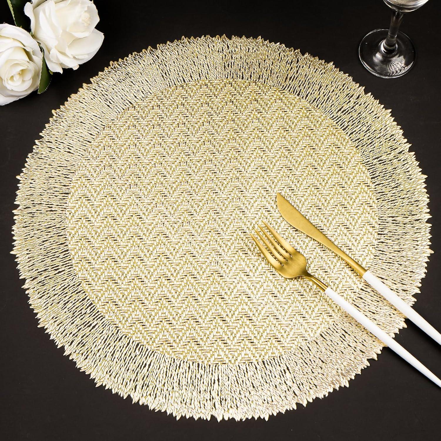 Efavormart 6 Pack 15" Gold Round Woven Vinyl Placemats Non Slip Dining Table Placemats For Wedding Events Birthday Party