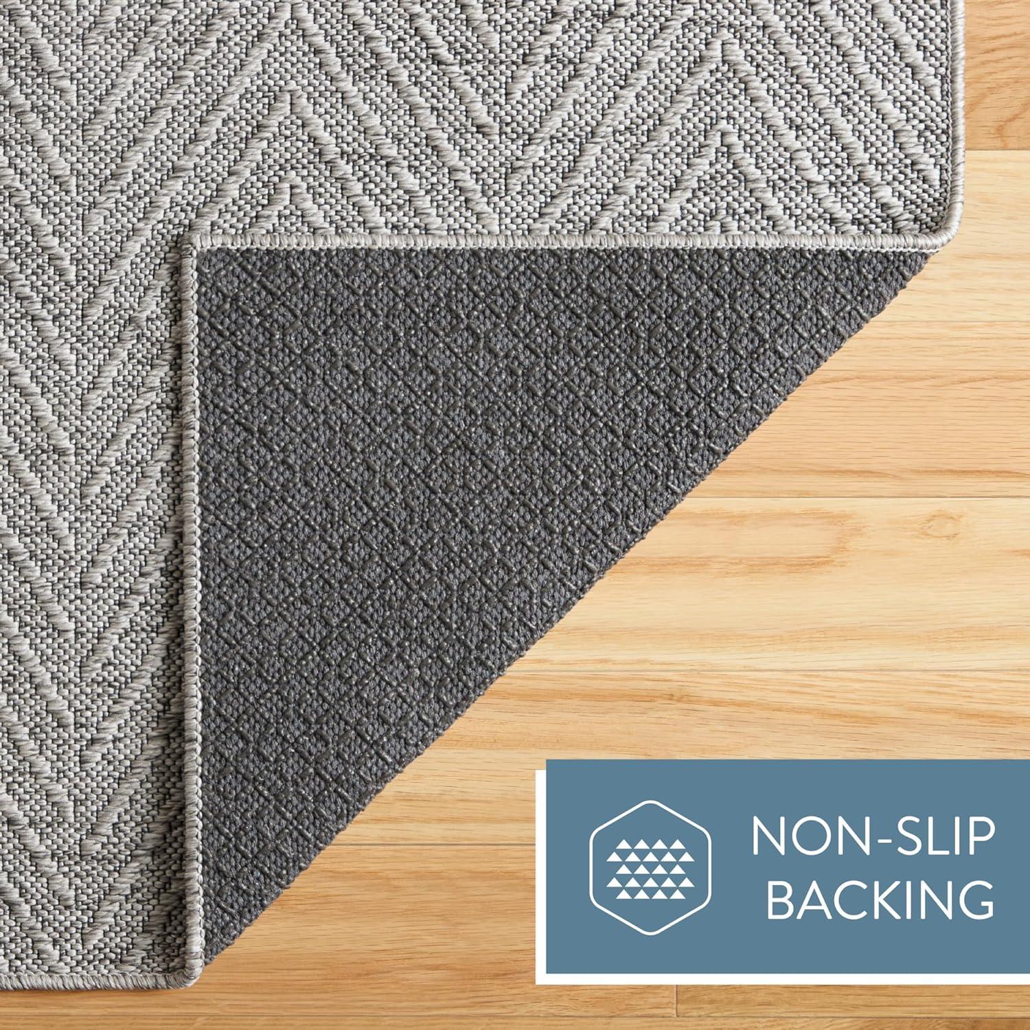 Gray Herringbone Textured Washable Synthetic Area Rug, 7'10"x10'2"