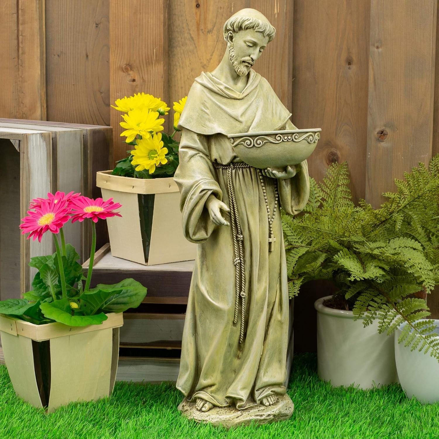 Solar St. Francis Resin Stone Birdbath Garden Statue