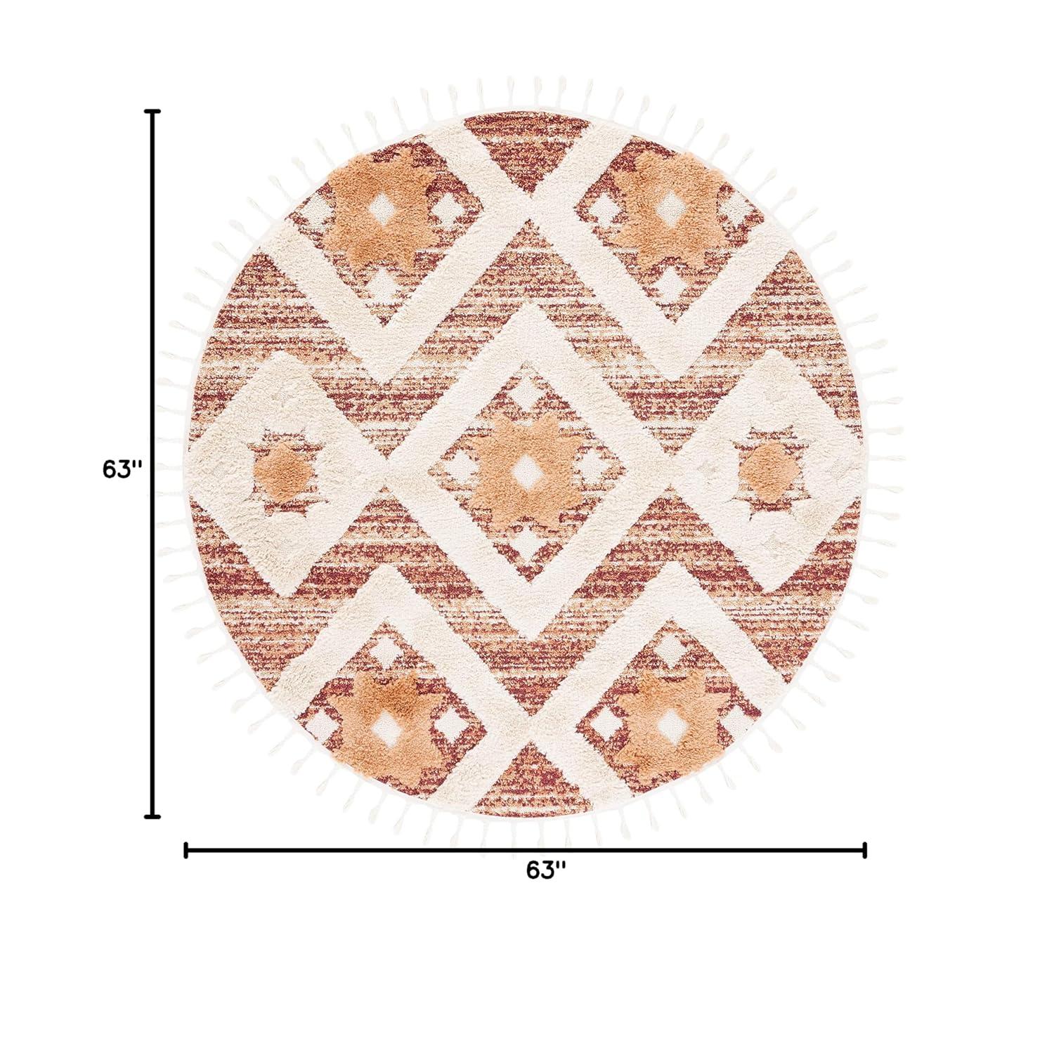 SAFAVIEH Moroccan Tassel Dawson Geometric Shag Area Rug, Rust/Ivory, 5'3" x 5'3" Round