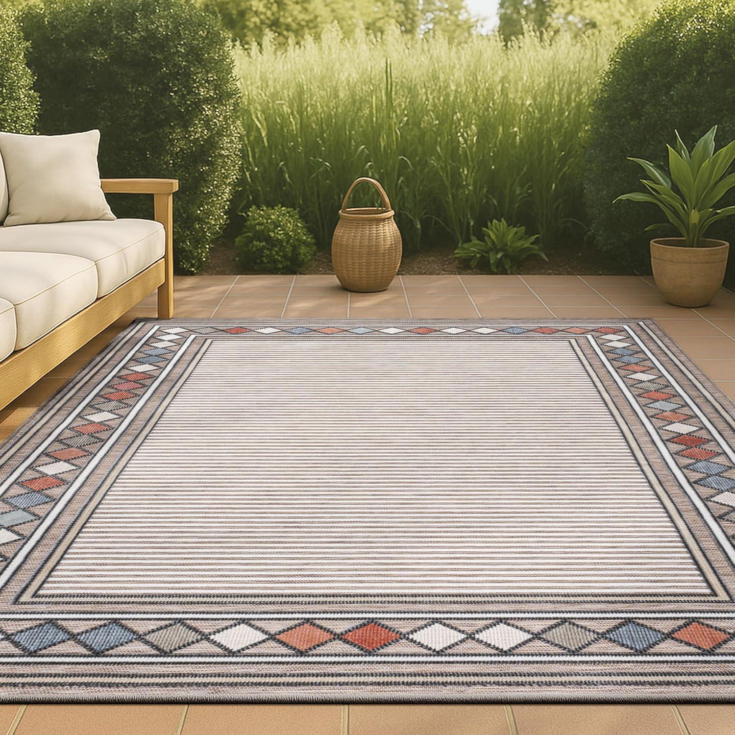 JONATHAN Y Sebastian High-Low Modern Diamond Border Brown/Ivory 3 ft. x 5 ft. Indoor/Outdoor Area Rug