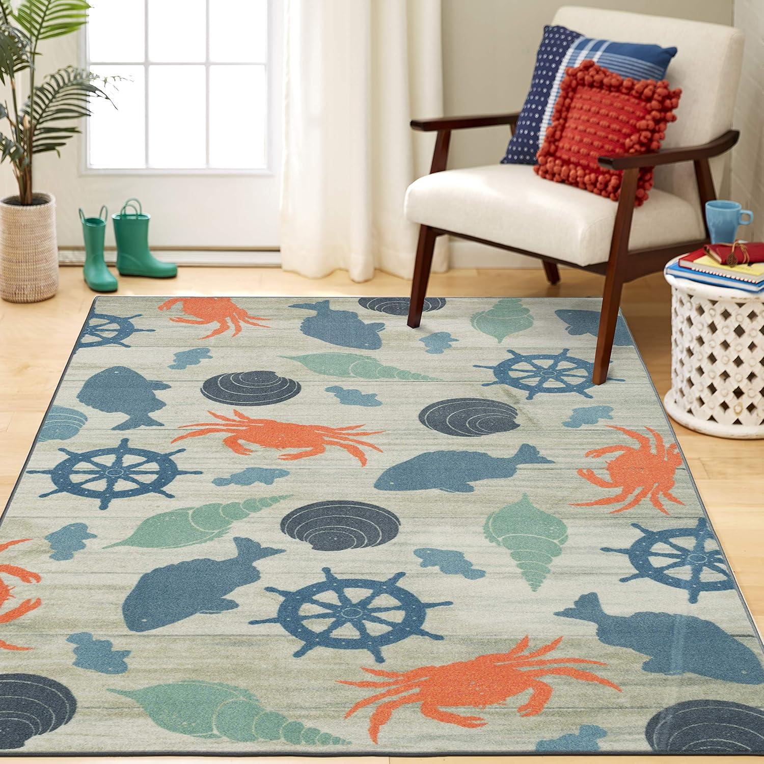 Mohawk Home Prismatic Coastal Otomi Seaside Transitional Nature Coastal Precision Printed Area Rug, 5'x8', Grey & Teal